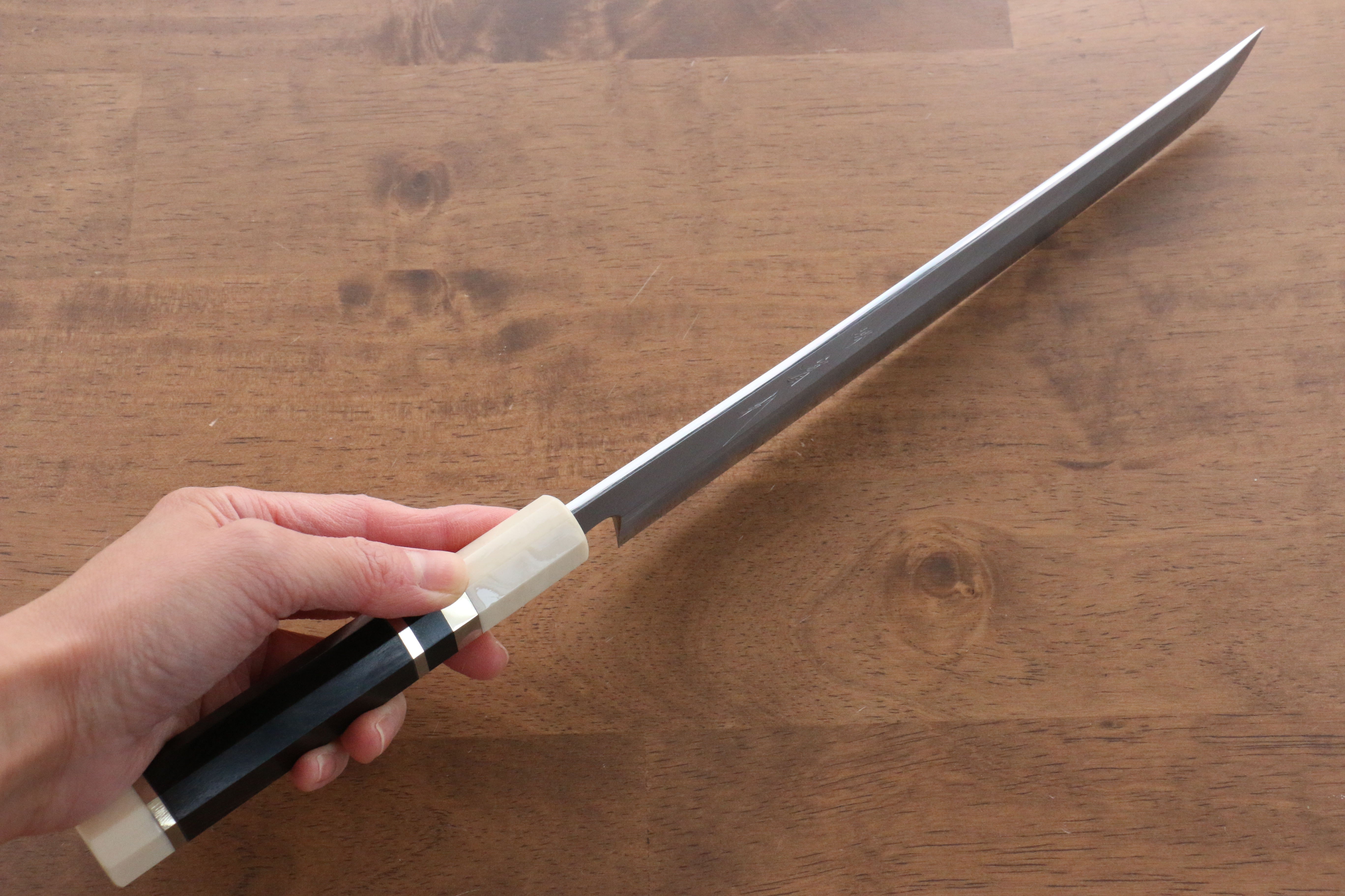 Premium Jikko Shiko Blue Steel Sakimaru Yanagiba 240mm Sushi Knife - Ebony Wood Handle with Double Ring Design - Perfect for Sushi Chefs & Japanese Cuisine Preparation