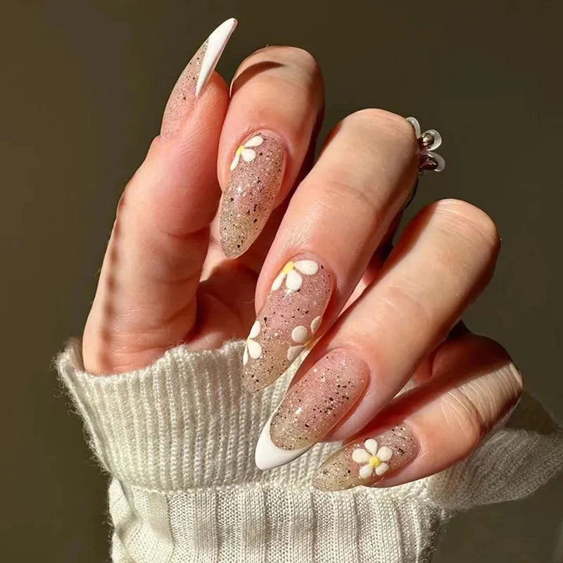 24Pcs Detachable Almond French Full Cover False Nails - Silver Butterfly Design Stiletto Press On Nails for DIY Manicure | Perfect for Parties, Weddings, and Special Occasions