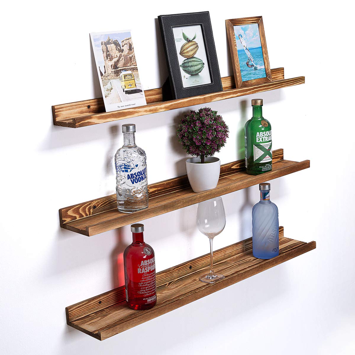 48 Inch Large Wooden Floating Shelves Set of 3 - Rustic Wall Mounted Picture Ledges for Photo Display - Perfect for Bedroom, Kitchen, Bathroom & Living Room Decor