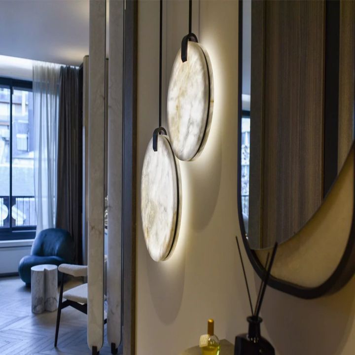 Modern Alabaster Disc Pendant Light - Elegant Round Ceiling Lamp for Dining Room, Kitchen Island, or Bedroom Lighting