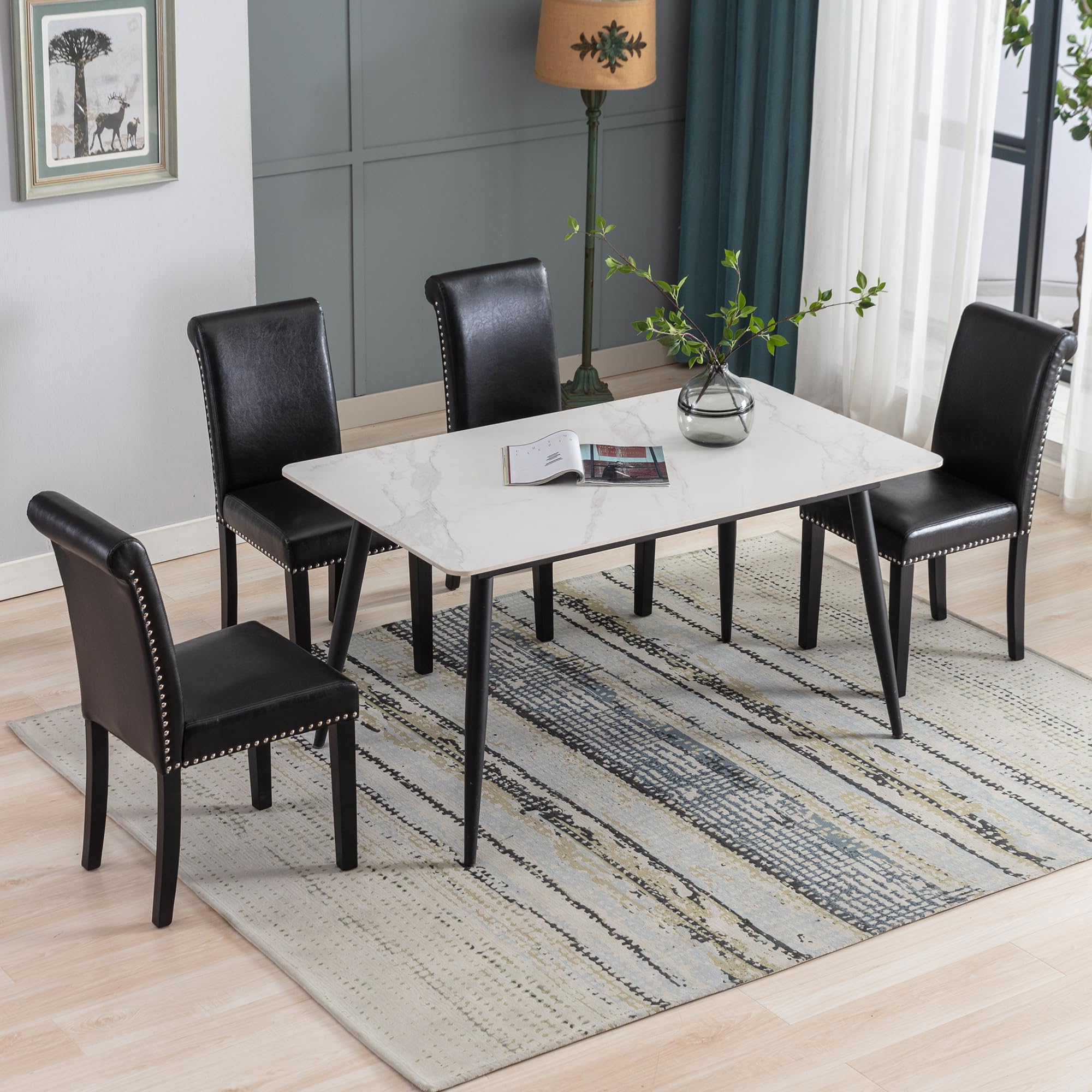 Westice 4-Piece Upholstered PU Leather Dining Chair Set with Nailhead Trim & Rubber Wood Legs - Modern Kitchen Side Chairs for Small Spaces & Apartments - Perfect for Dining Rooms, Breakfast Nooks & Compact Living Areas (Black)