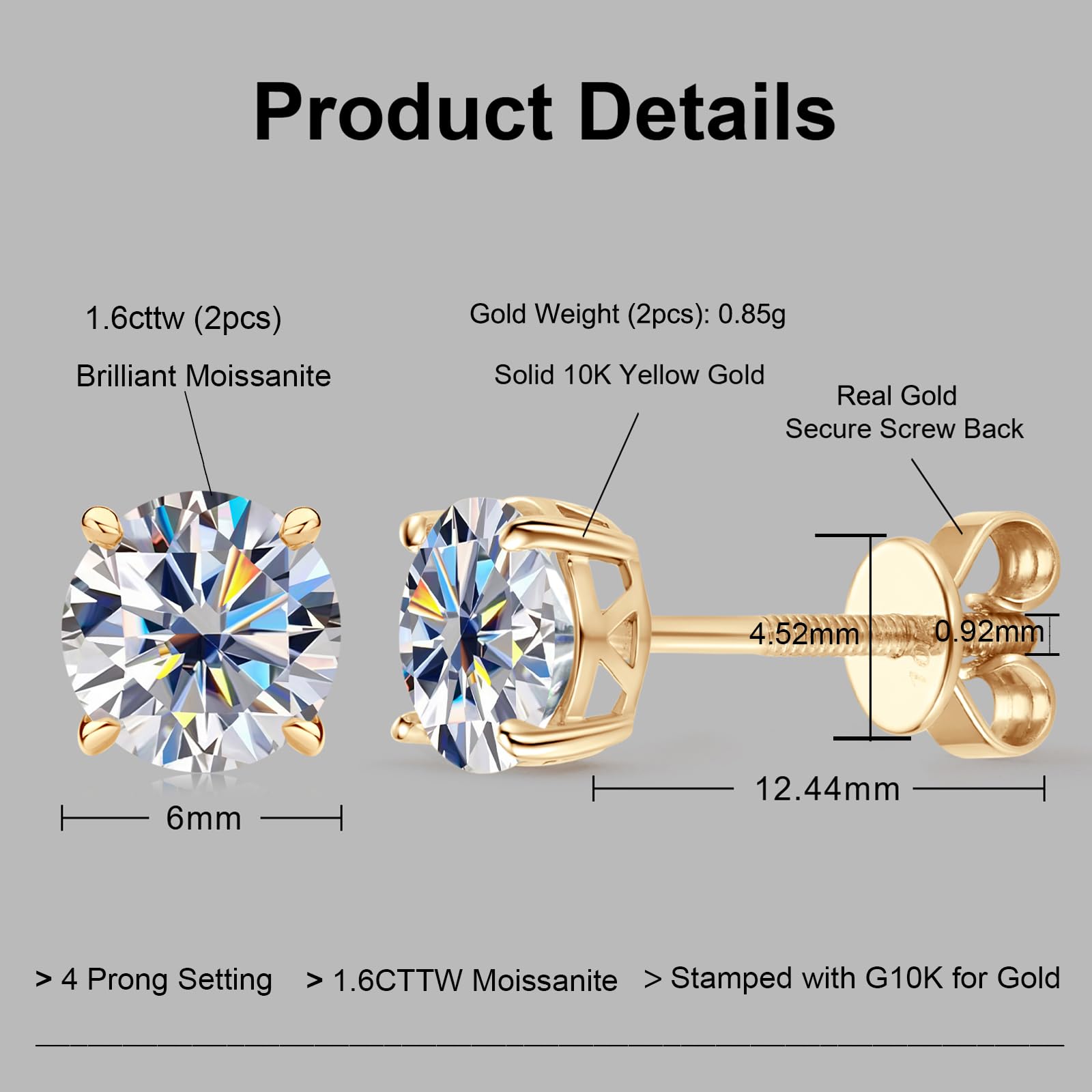 Lab-Created Moissanite Stud Earrings 1.60cttw 6mm Round Cut in 10K Real Yellow Gold, Screw Back Secure Solitaire Studs for Men & Women - Perfect for Everyday Wear, Anniversary Gifts & Special Occasions