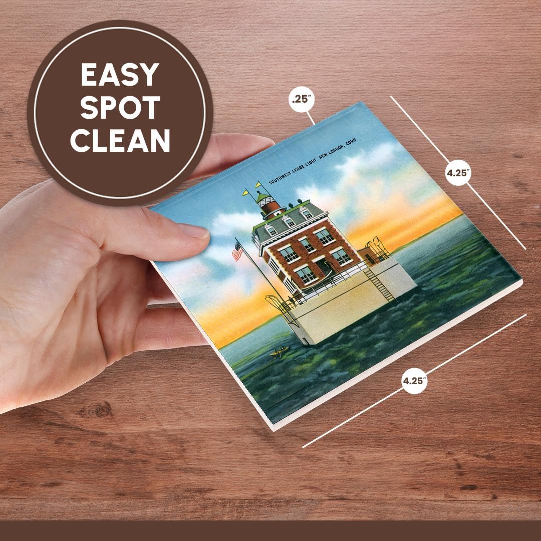 Southwest Ledge Lighthouse New London Connecticut Ceramic Tile Coasters Set of 4 - Unique Lighthouse Decor for Home Bar, Office, or Gift Idea