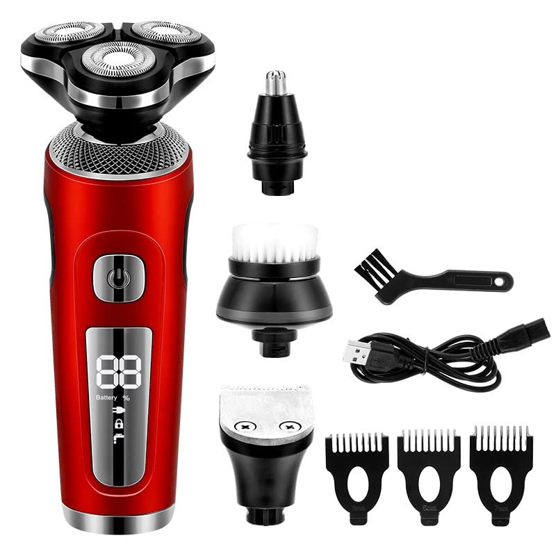 4-in-1 Electric Razor for Men - USB Rechargeable Wet/Dry Shaver with 3 Blades, Beard Trimmer & Clipper | Portable Men's Grooming Kit (Red) | Perfect for Travel, Home & Office Use