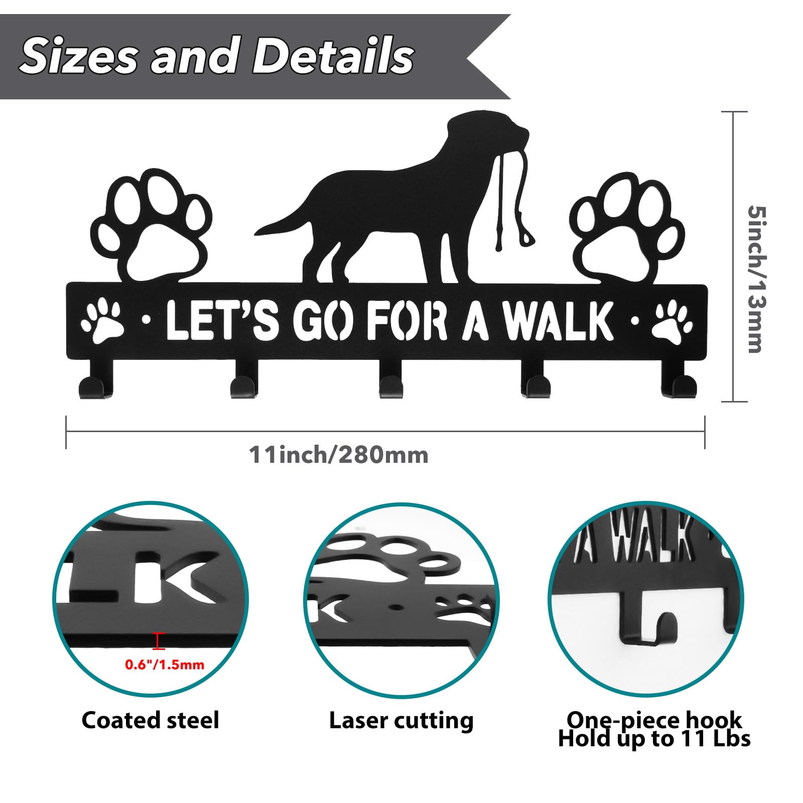 5-Hook Heavy Duty Iron Dog Leash Holder - Wall Mounted Pet Accessory Organizer for Leashes, Collars & Harnesses - Perfect for Entryway, Mudroom or Garage Organization