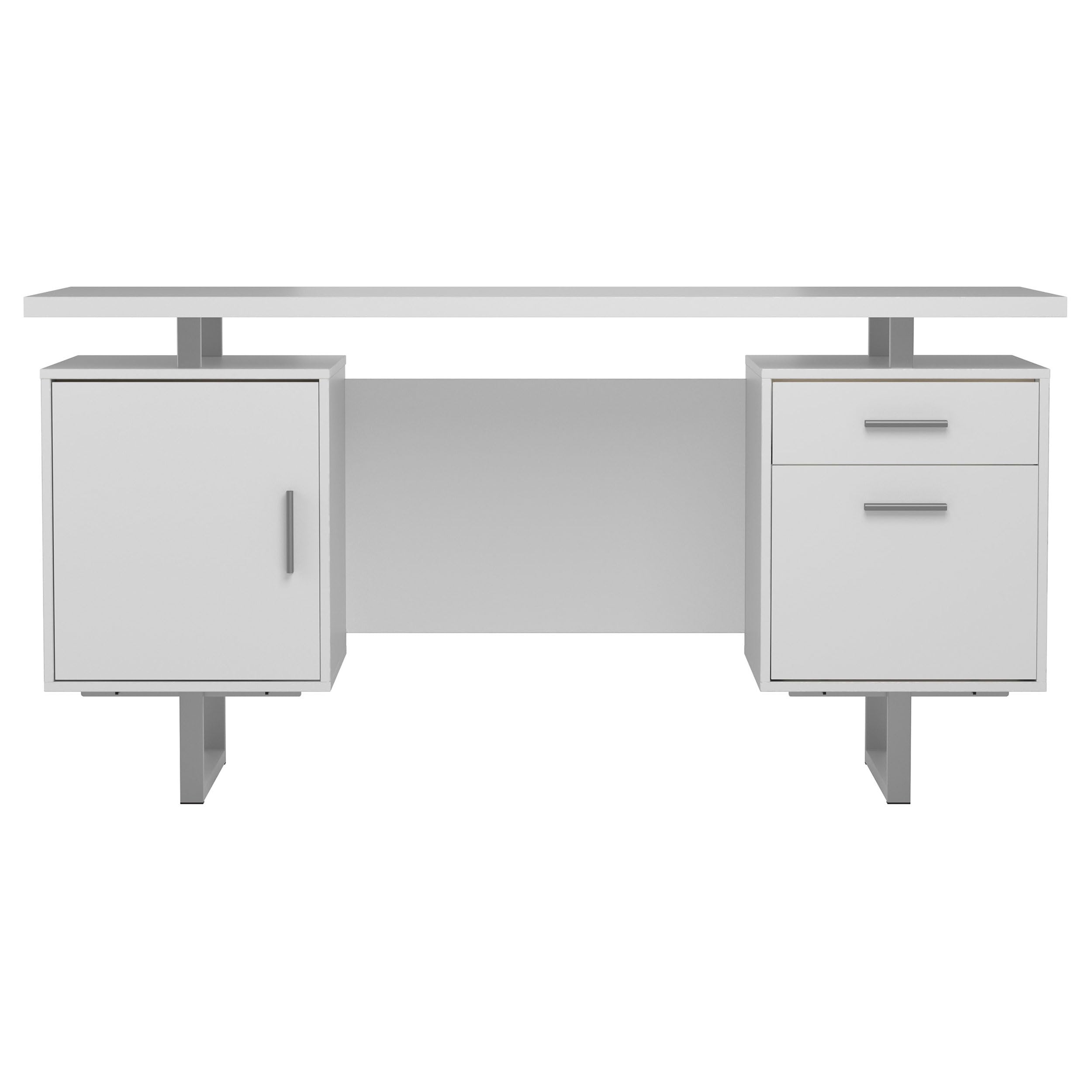 Modern Contemporary 2-Drawer Home Office Writing Desk with Storage File Cabinet - Silver Metal Frame & White High Gloss Finish - Perfect for Small Spaces, Home Offices, and Workspaces (Model 803521)