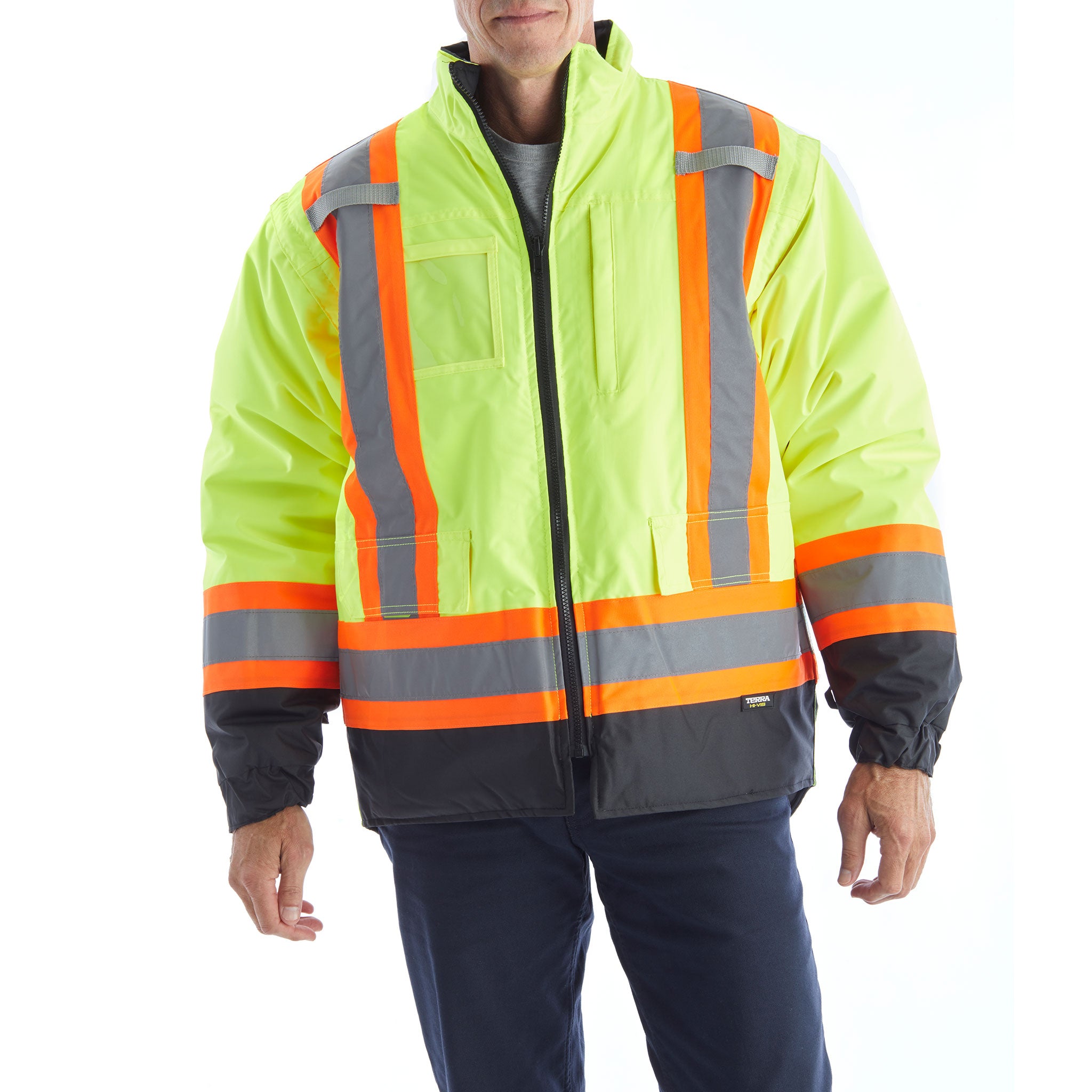 TERRA High Visibility Men's 7-in-1 Winter Jacket - Waterproof, Windproof & Insulated - Safety Reflective Workwear (Yellow) - Ideal for Construction, Roadwork & Outdoor Winter Activities