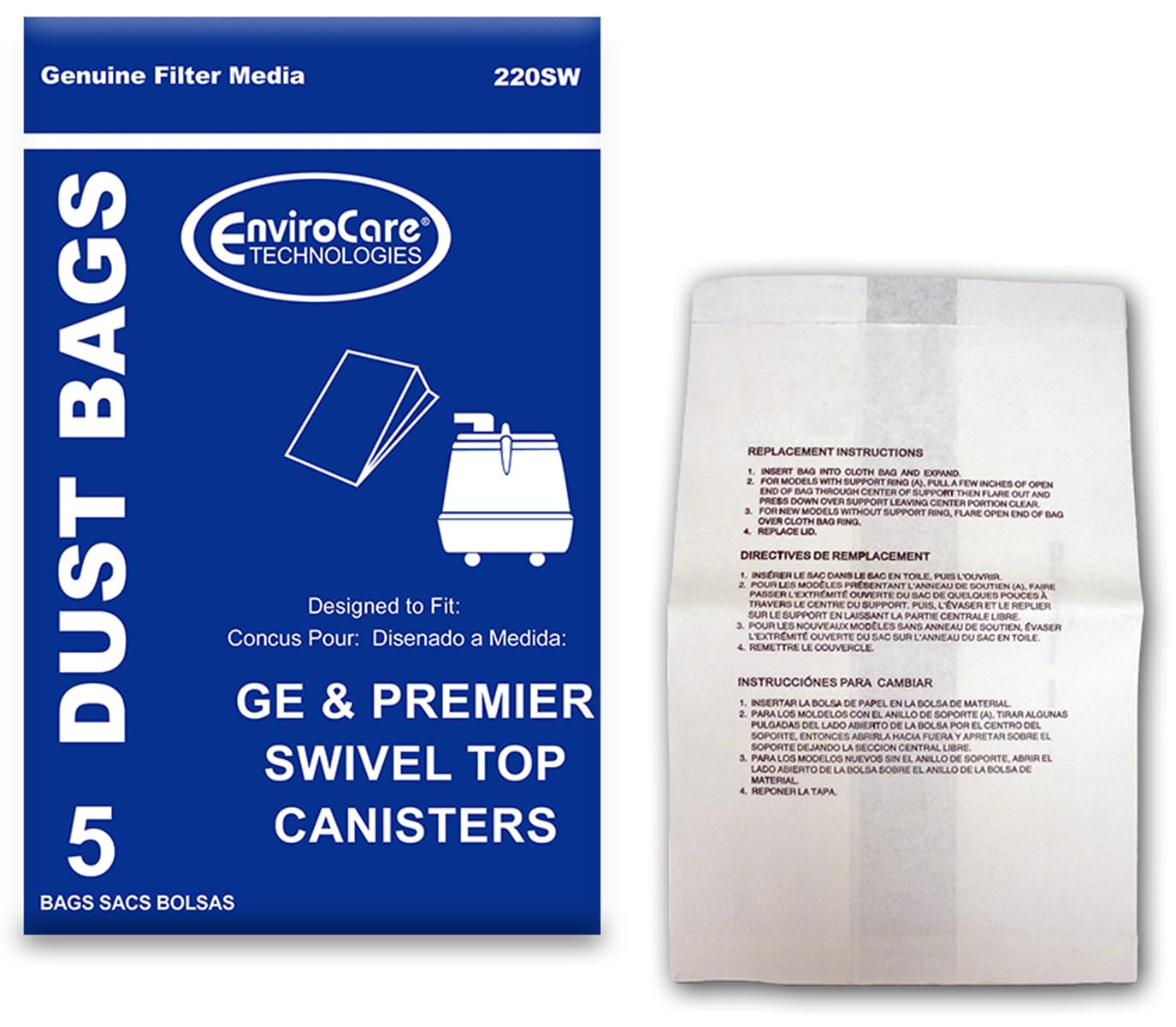 EnviroCare Replacement Vacuum Cleaner Dust Bags - 5 Pack Compatible with GE, Premier, Whirlwind & Everclean Swivel Top Canister Vacuums | HEPA Filter Bags for Allergen Reduction | Ideal for Home Cleaning, Pet Hair Removal & Allergy Sufferers