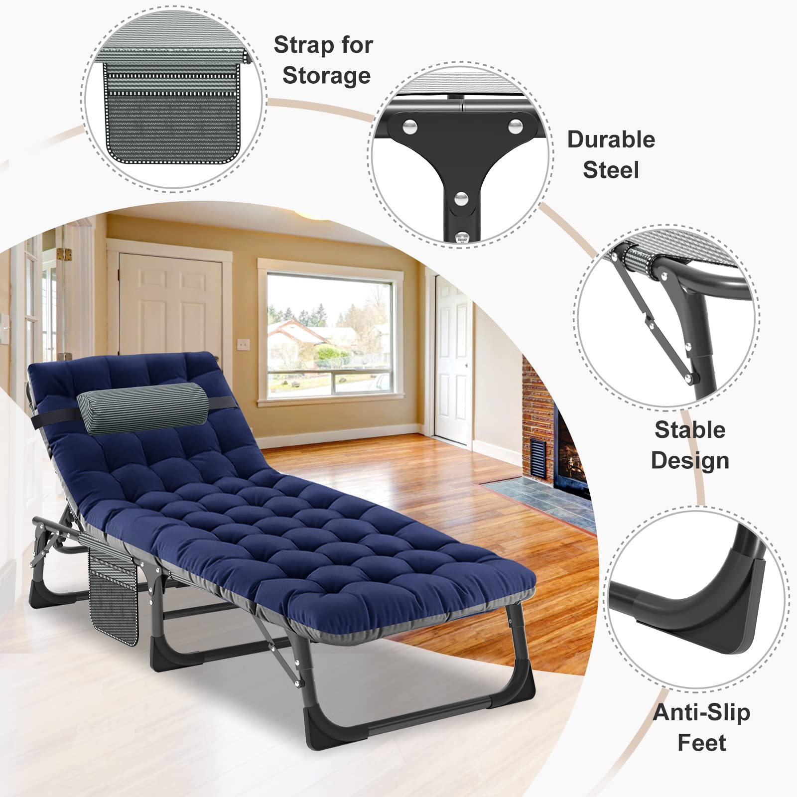 ABORON 5-Position Adjustable Camping Cot for Adults - Portable Folding Sleeping Cot & Lounge Chair with Pillow - Heavy Duty Outdoor Recliner for Beach, Lawn, Camping, Poolside & Sunbathing - Perfect for Backyard Relaxation, Picnics & Travel Adventures