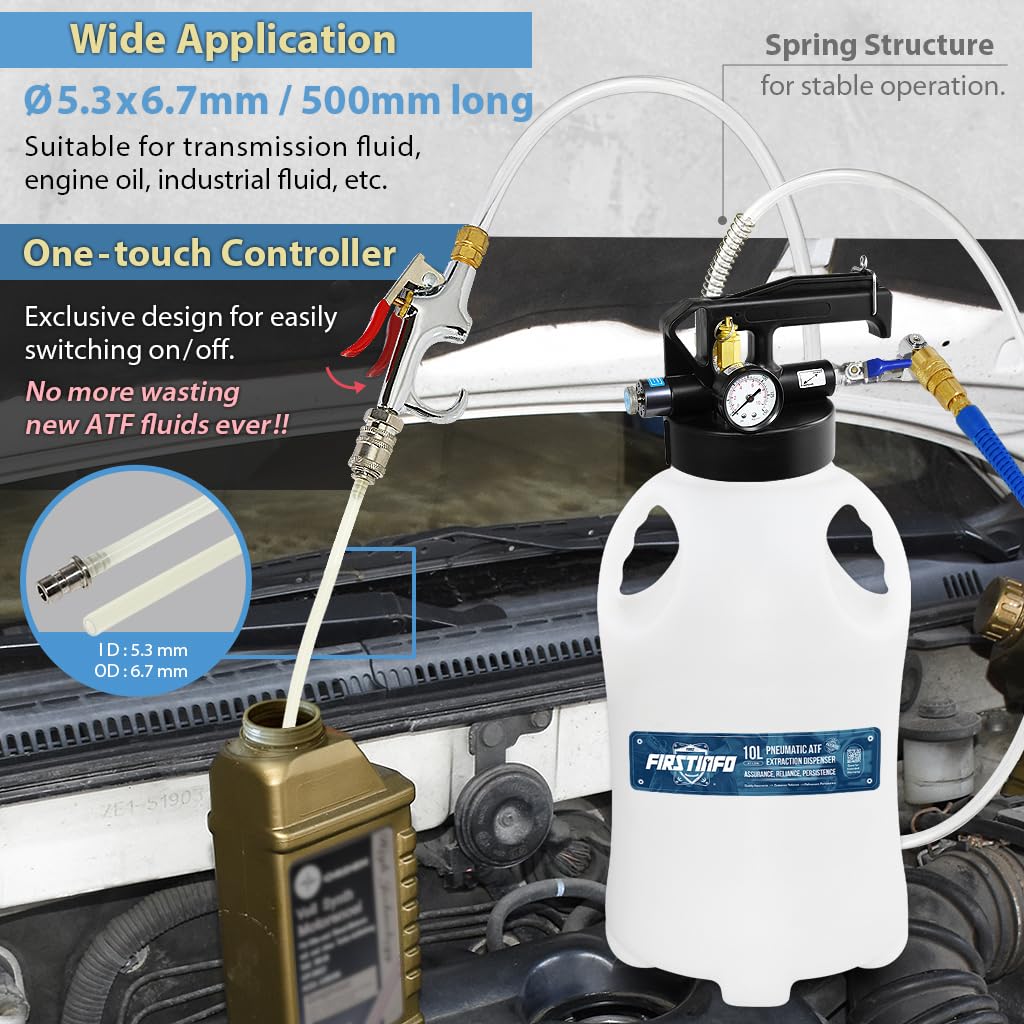 FIRSTINFO Patented 10L 22-Piece ATF Filler Adapter Kit with Pneumatic Transmission Fluid Pump - Includes Hanging Hook, 360° Swivel Air Inlet & Spring Hose - Perfect for Auto Repair Shops & DIY Transmission Fluid Changes