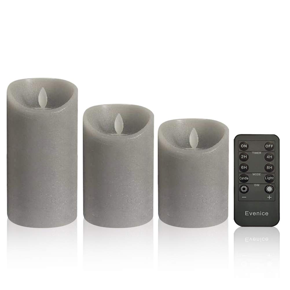 Realistic Flameless LED Candles with Remote Control & Timer - Battery Operated Decorative Pillar Candles for Home, Wedding, Party - Set of 3 Grey Candles for Romantic Ambiance & Holiday Decor