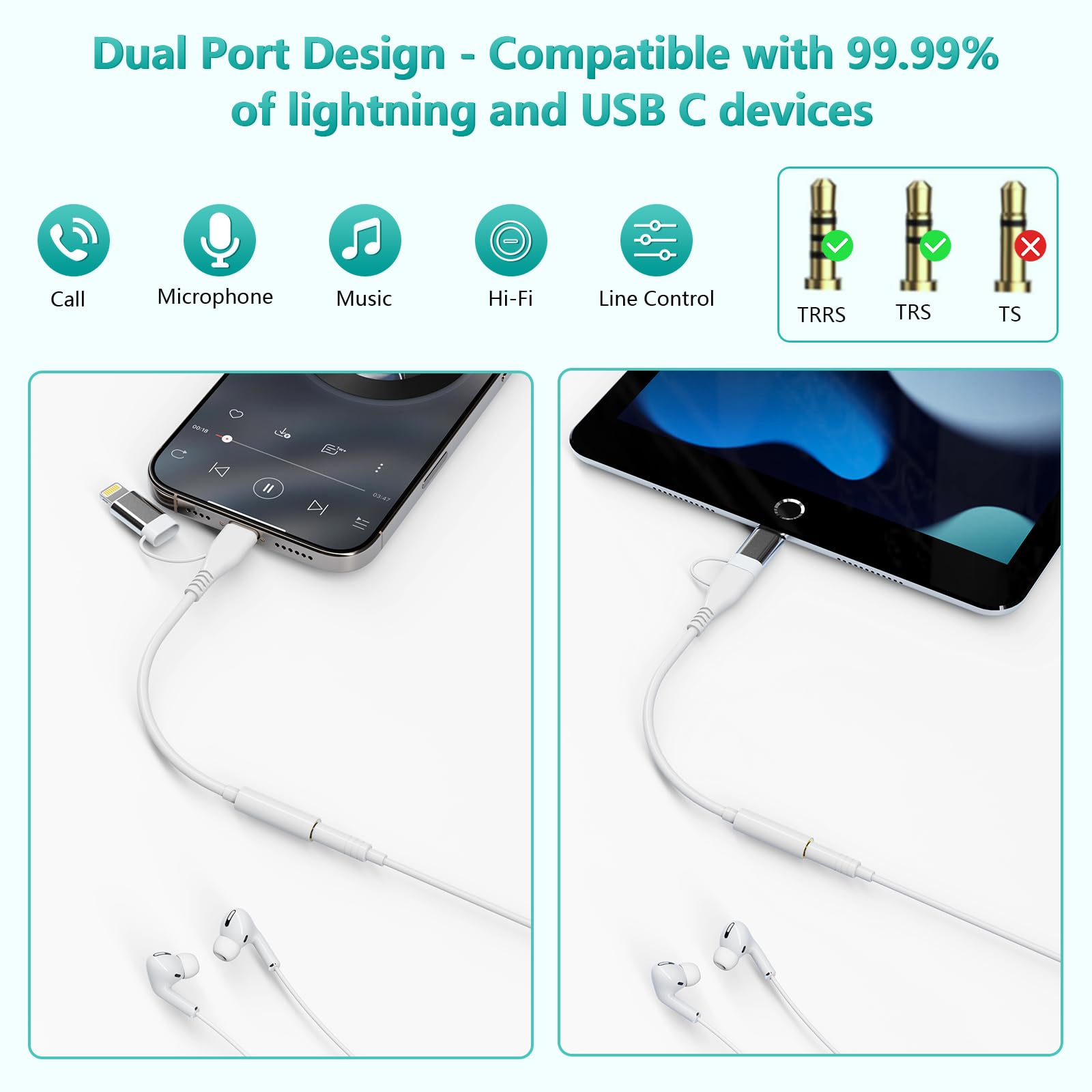 2-in-1 Lightning/USB-C to 3.5mm Headphone Adapter - MFi Certified Audio Dongle for iPhone 16/15/14 Pro Max, Galaxy S24/S23, iPad - Perfect for Music, Gaming & Hands-Free Calling