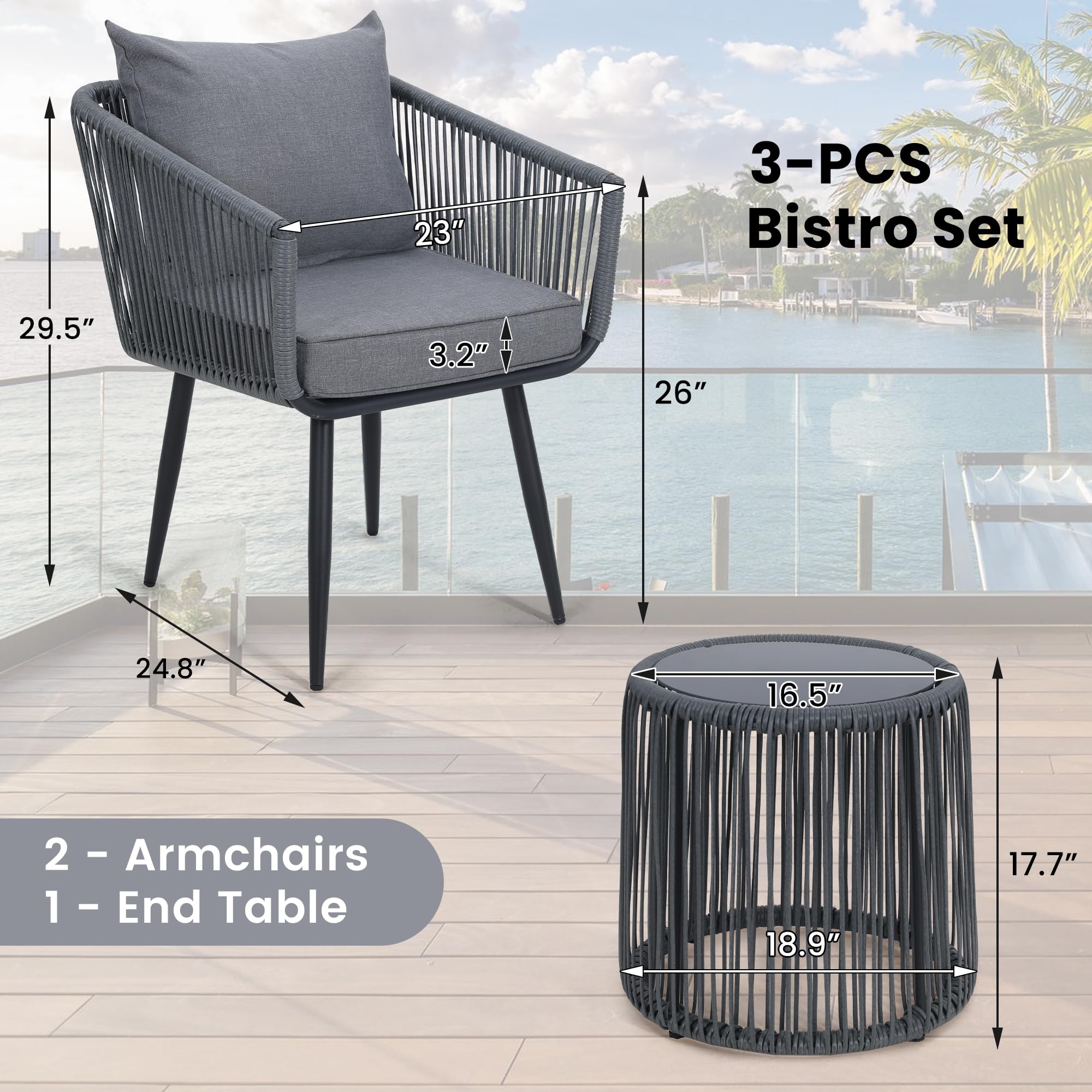 3-Piece Patio Rattan Bistro Set - All-Weather Wicker Outdoor Furniture with Chairs & Side Table - Perfect for Balcony, Porch, Backyard & Garden - Weather-Resistant Grey Rattan Conversation Set for Relaxing, Entertaining & Outdoor Dining
