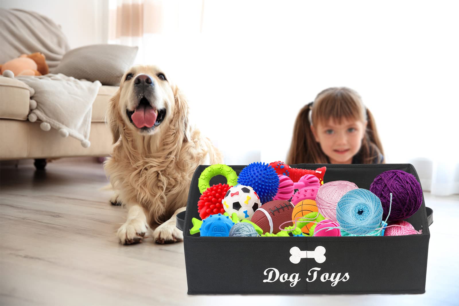 Geyecete Large Foldable Dog Toy Storage Box - Collapsible Fabric Organizer Bin with Handle for Pet Toys, Black (Perfect for Living Room, Bedroom & Pet Play Area)