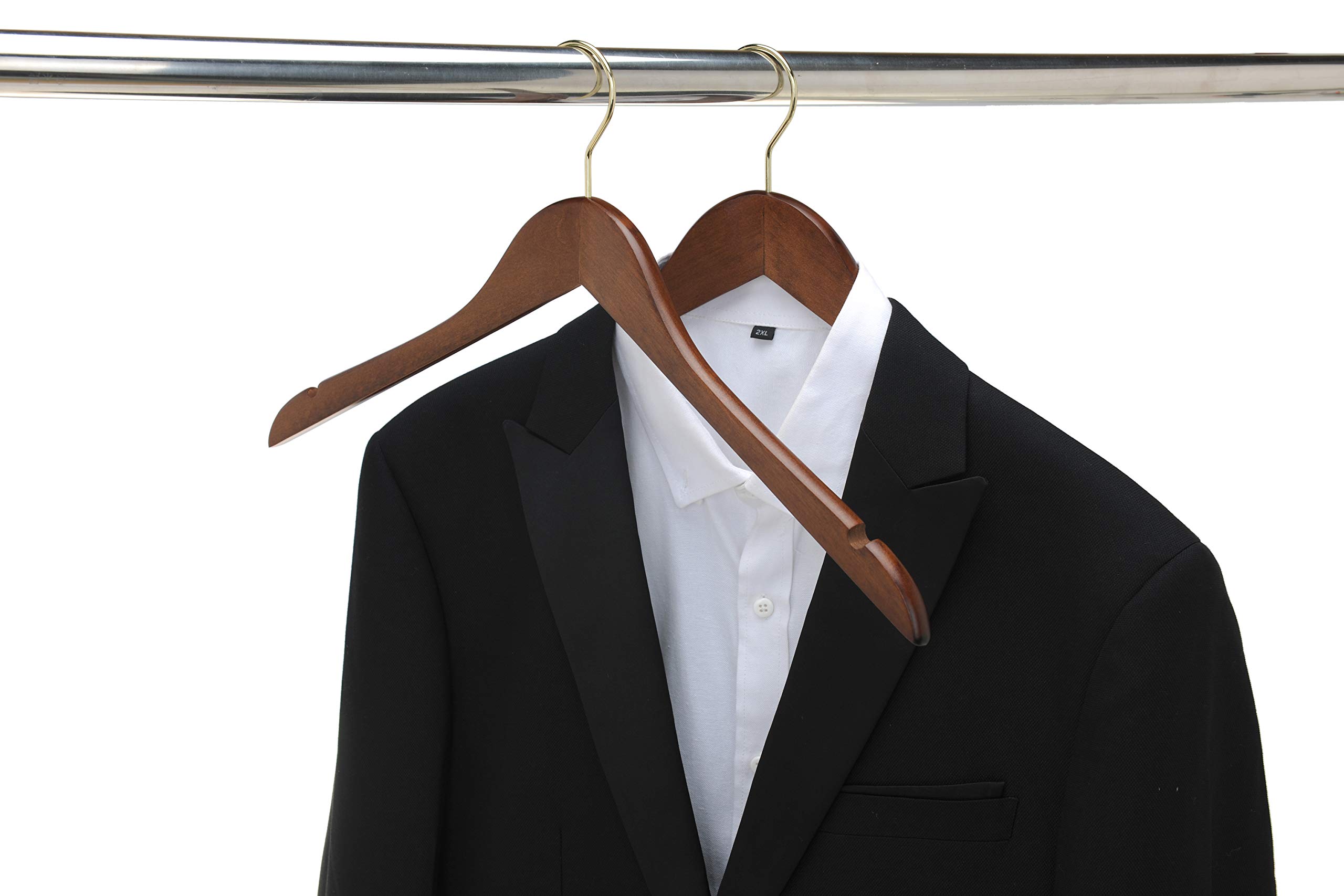 Premium Semi-Curved Wooden Suit Hangers - 10-Pack Smooth Finish Solid Wood Coat Hangers with Swivel Hook for Jackets, Pants & Dresses (Walnut - Gold Hook) - Perfect for Closet Organization & Luxury Wardrobe Storage