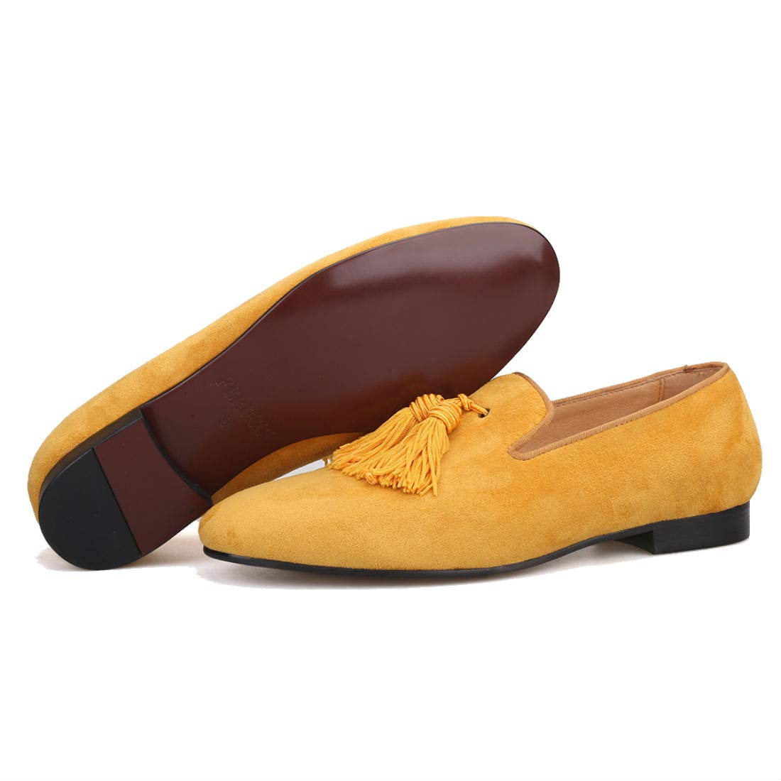 FERUCCI Men's Yellow Gold Suede Loafers with Tassel - Comfortable Slip-On Slippers for Indoor & Outdoor Wear - Perfect for Home, Office, and Casual Outings