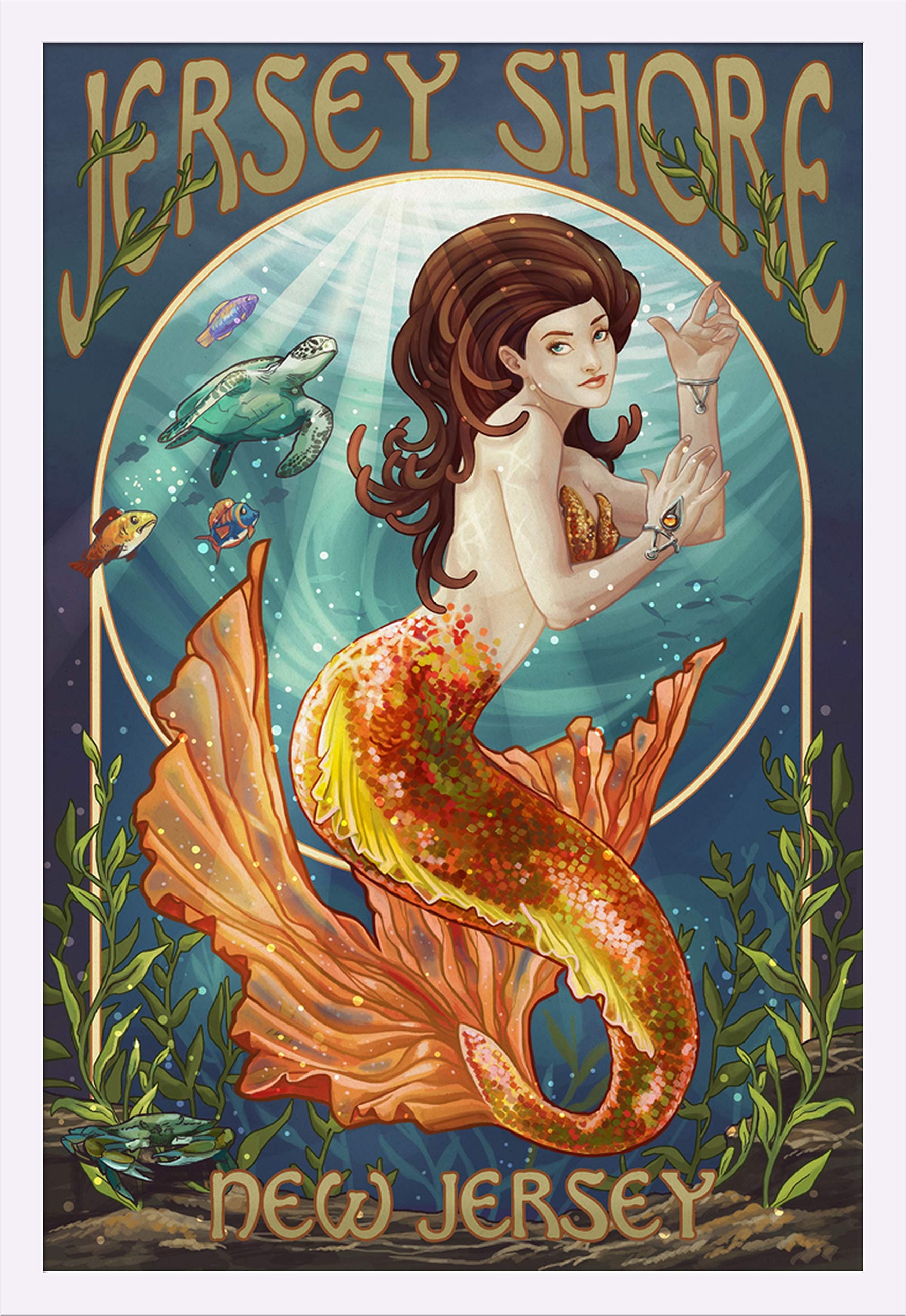 Jersey Shore Mermaid 51216 - 24x36 Giclee Art Print in White Wood Gallery Frame - Coastal Wall Decor for Beach House, Living Room & Bedroom