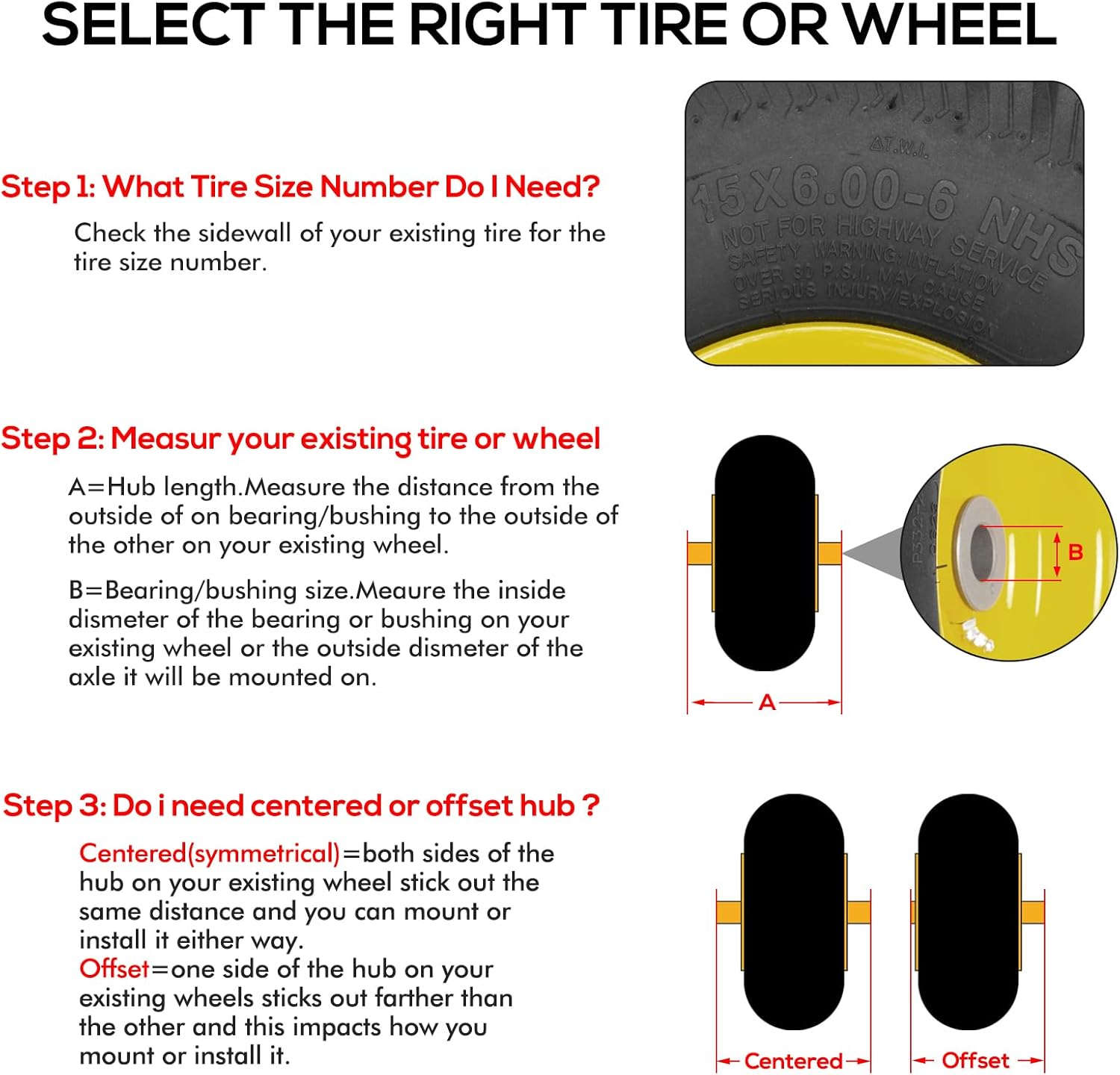 2PCS 15x6.00-6 Tubeless Front Tires with Wheels - Replacement for John Deere 100 & 300 Series Riding Lawn Mowers, 3 Offset Hub, Fits 3/4