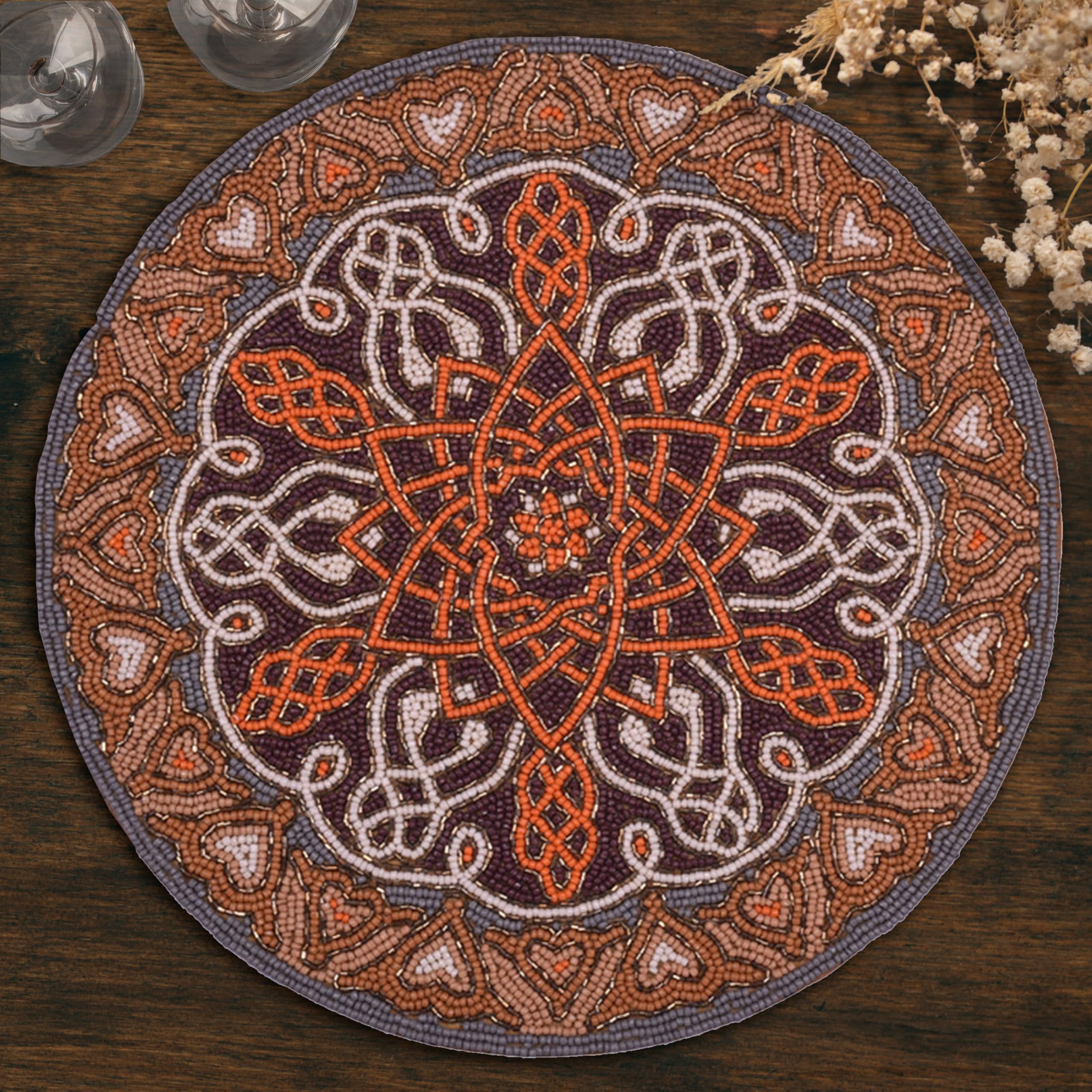 Decozen Orange Gray Beaded Placemats Set of 2 - 14 Inch Round Heat Resistant & Scratch Proof Table Mats for Dining Table, Coffee Table, Kitchen Decor - Perfect for Holiday Dinners, Parties & Everyday Use