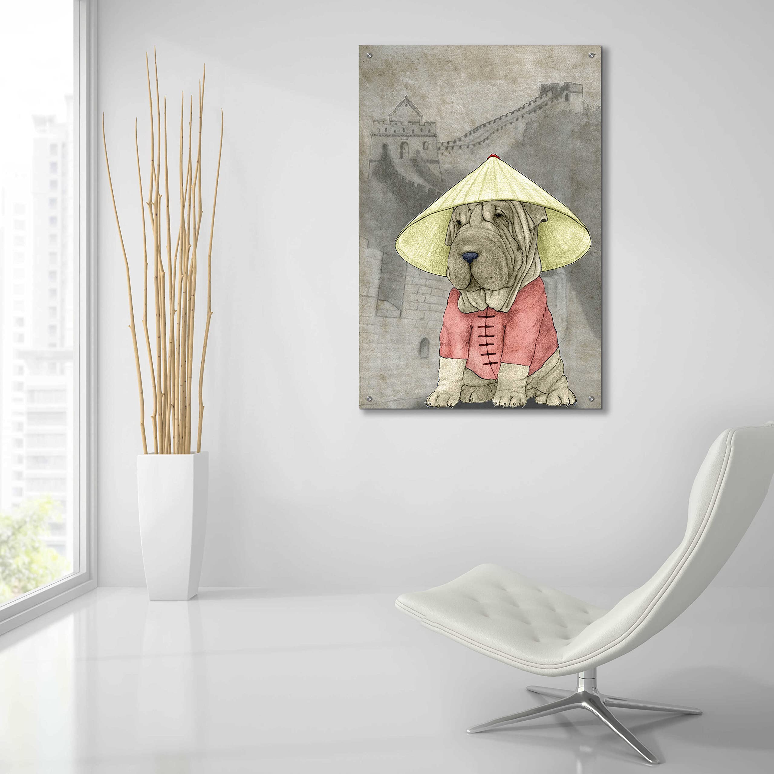 Barruf Acrylic Glass Wall Art - 'Shar Pei with The Great Wall' Painting, 24x36 Inches, Modern Home Decor for Living Room, Bedroom & Office