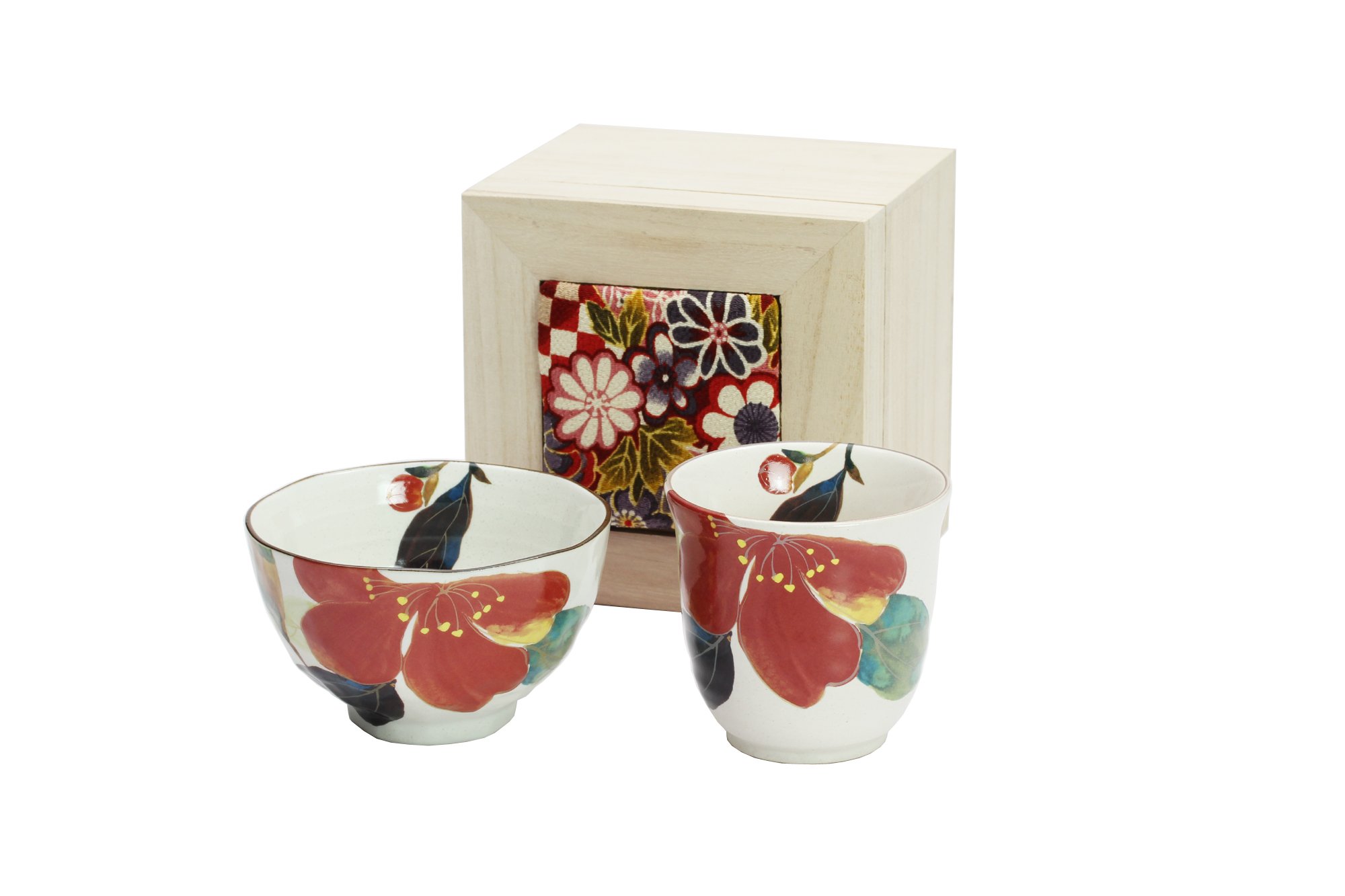 Authentic Japanese Mino Ware Ceramic Rice Bowl & Tea Cup Set - Handcrafted Pottery in Wooden Gift Box (1 Rice Bowl + 1 Tea Cup) - Perfect for Sushi, Matcha Tea & Japanese Dining Experience