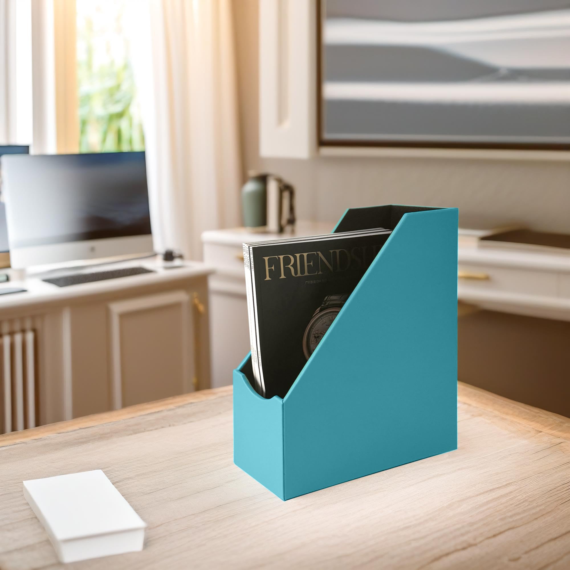UnionBasic Leatherette Magazine File Holder - Peacock Blue Desktop Document Organizer for Home Office | Paper Storage, Literature Sorter | Perfect for Office Organization, School Supplies & Home Filing Systems