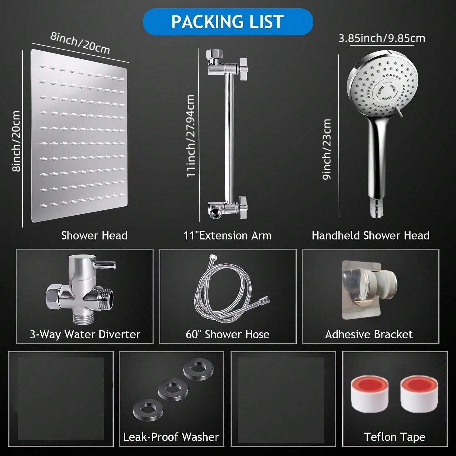 High Pressure Rain Shower Head with Hose - 8 Inch Handheld Shower Head Combo, 11 Inch Extension Arm, 9 Adjustable Spray Settings, Height & Angle Adjustable Shower Head with Holder (Silver) - Perfect for Bathroom, Spa, and Relaxing Shower Experience