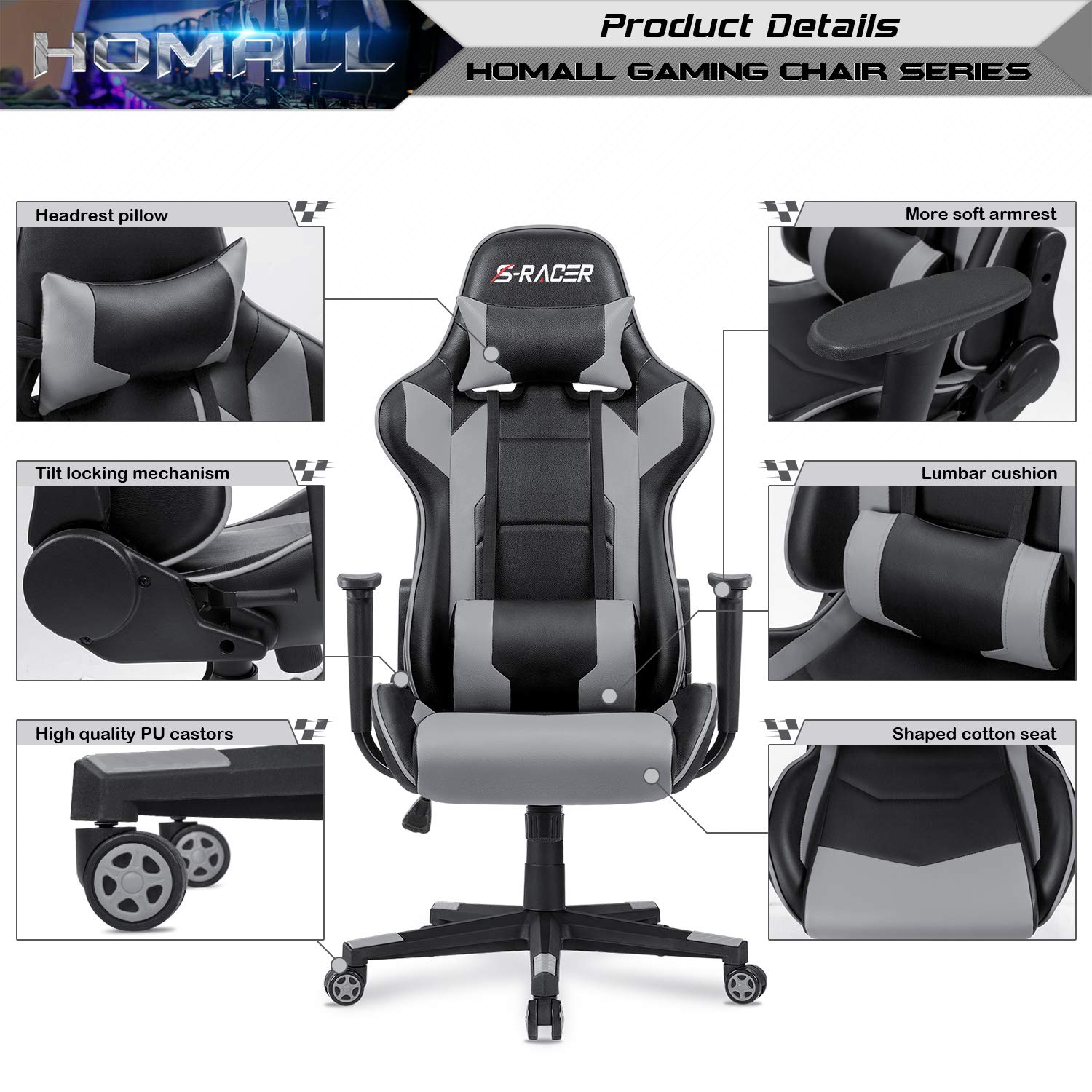 Homall Ergonomic Gaming Chair - High Back Office Chair with Adjustable Headrest & Lumbar Support, Leather Computer Desk Chair for Racing Style Executive Workstation (Grey) - Perfect for Home Office, Gaming Setup & Professional Workspaces