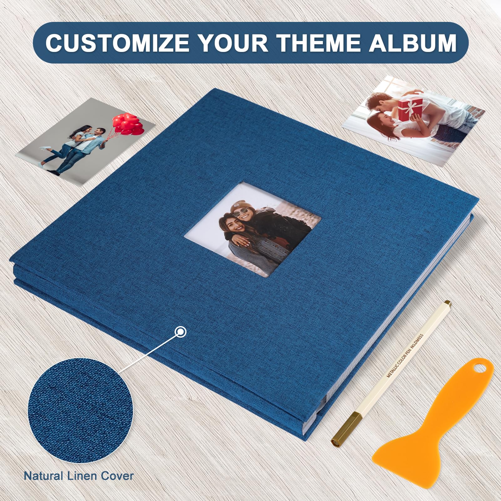 Self-Adhesive Magnetic Photo Album with Black Sticky Pages - Holds 4x6, 5x7 & 8x10 Pictures | Includes Metallic Pen | Perfect for Baby, Family & Wedding Memories | 11x10.6 Inch Blue Scrapbook with 40 Pages | Great for Home Decor, Gift Giving & Memory Preservation
