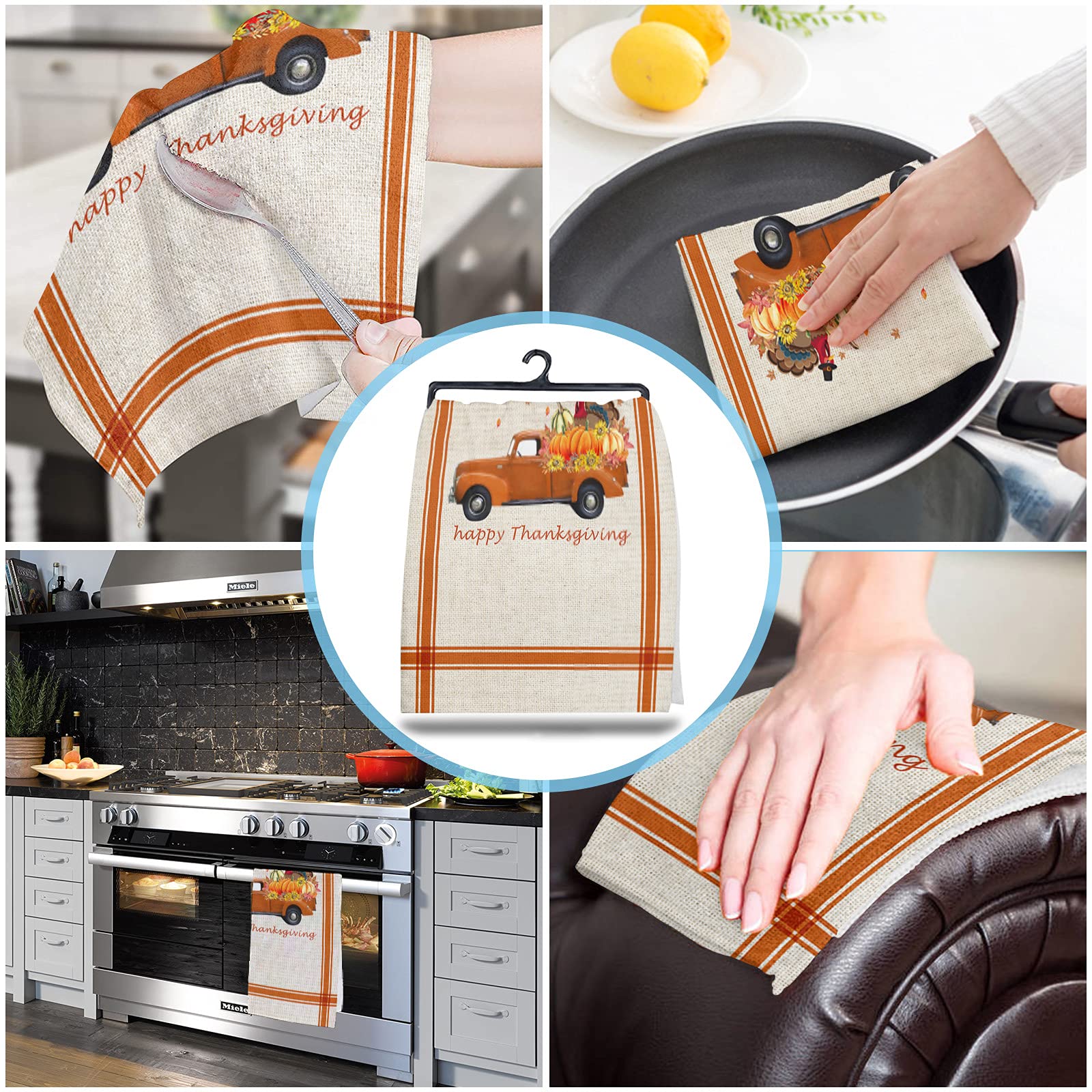 Premium Microfiber Kitchen Towels - Super Absorbent & Reusable Dish Cloths (18x28 Inch) - Thanksgiving Turkey Pumpkin Orange Stripes Design - Perfect for Drying Dishes, Cleaning Countertops & Holiday Decor