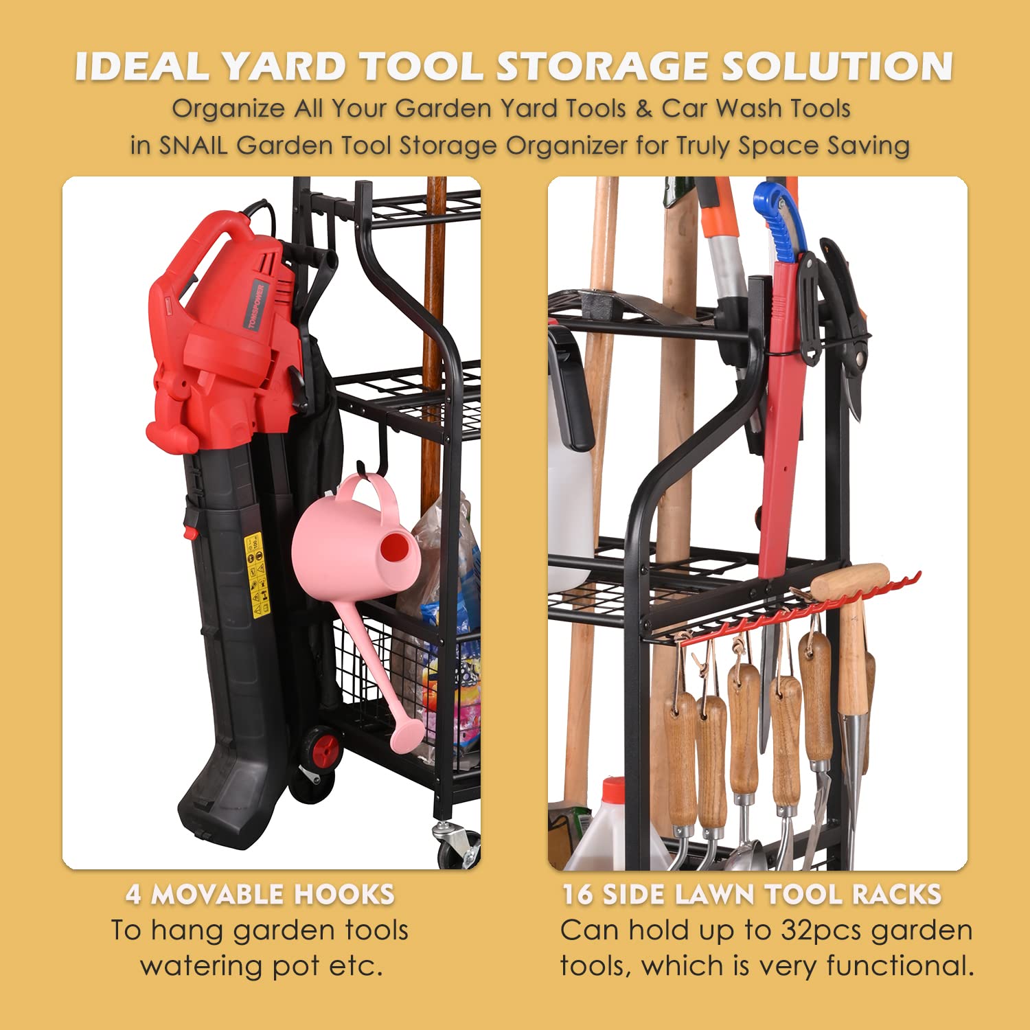 Steel Rolling Garden Tool Organizer with Wheels - Heavy Duty Yard Tool Stand for Garage, Lawn & Outdoor Storage - Holds Rakes, Brooms, Mops & Buckets - Perfect for Garage Organization & Backyard Gardening