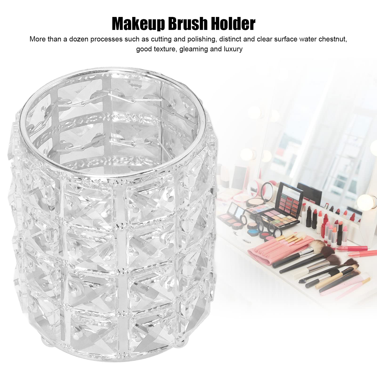 European Style Rounded Crystal Glass Cosmetic Organizer - Acrylic Makeup Brush Holder & Clear Pen Pencil Case for Bathroom, Home, Bedroom, Office (Silver) | Perfect for Makeup Storage, Desk Organization and Travel Beauty Essentials