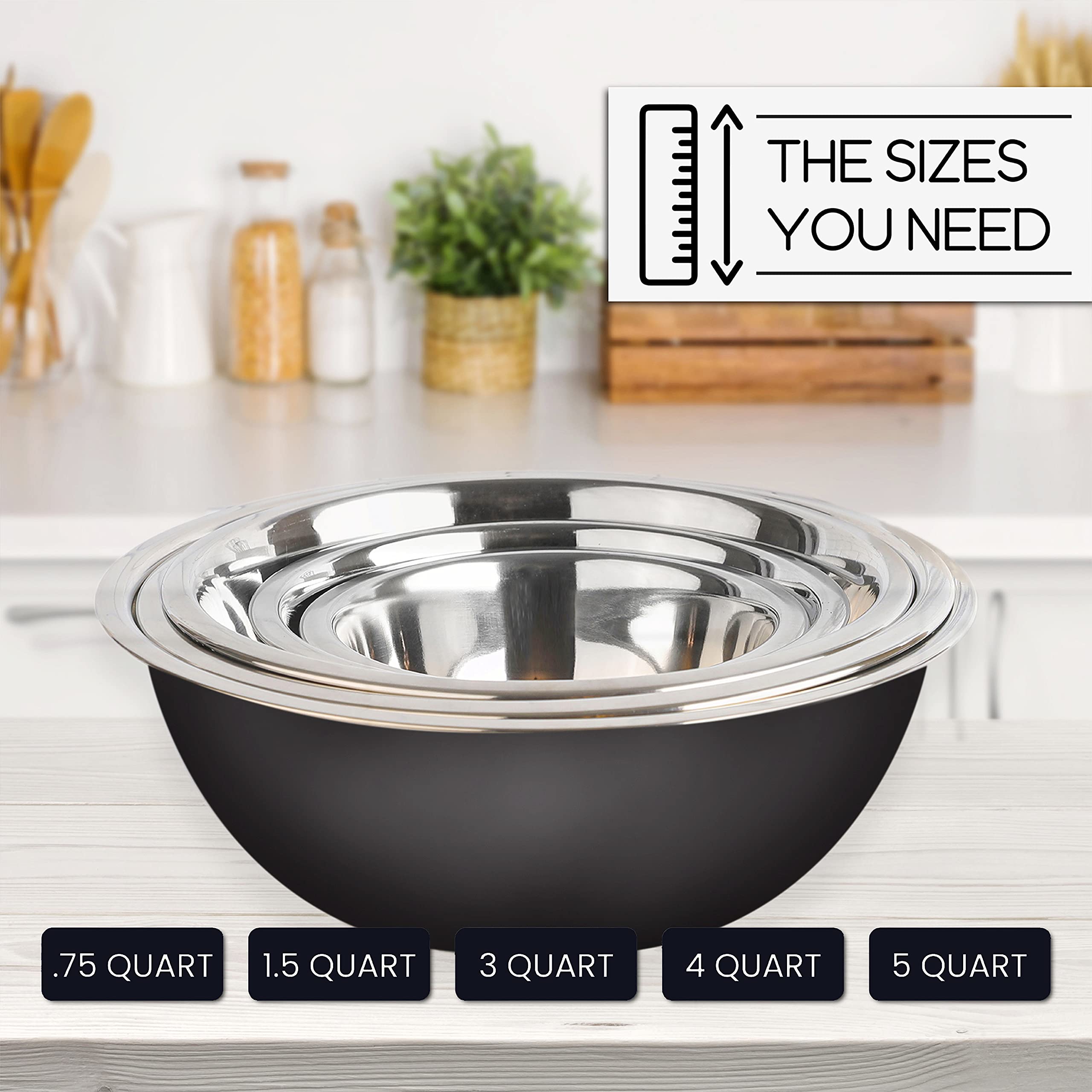 WHYSKO Stainless Steel Mixing Bowls Set - 3-Piece Heavy Duty Food Prep Bowls for Kitchen, Meal Prep & Refrigerator Storage | Eco-Friendly, Reusable & Durable (Black) | Perfect for Baking, Mixing Ingredients & Organizing Leftovers