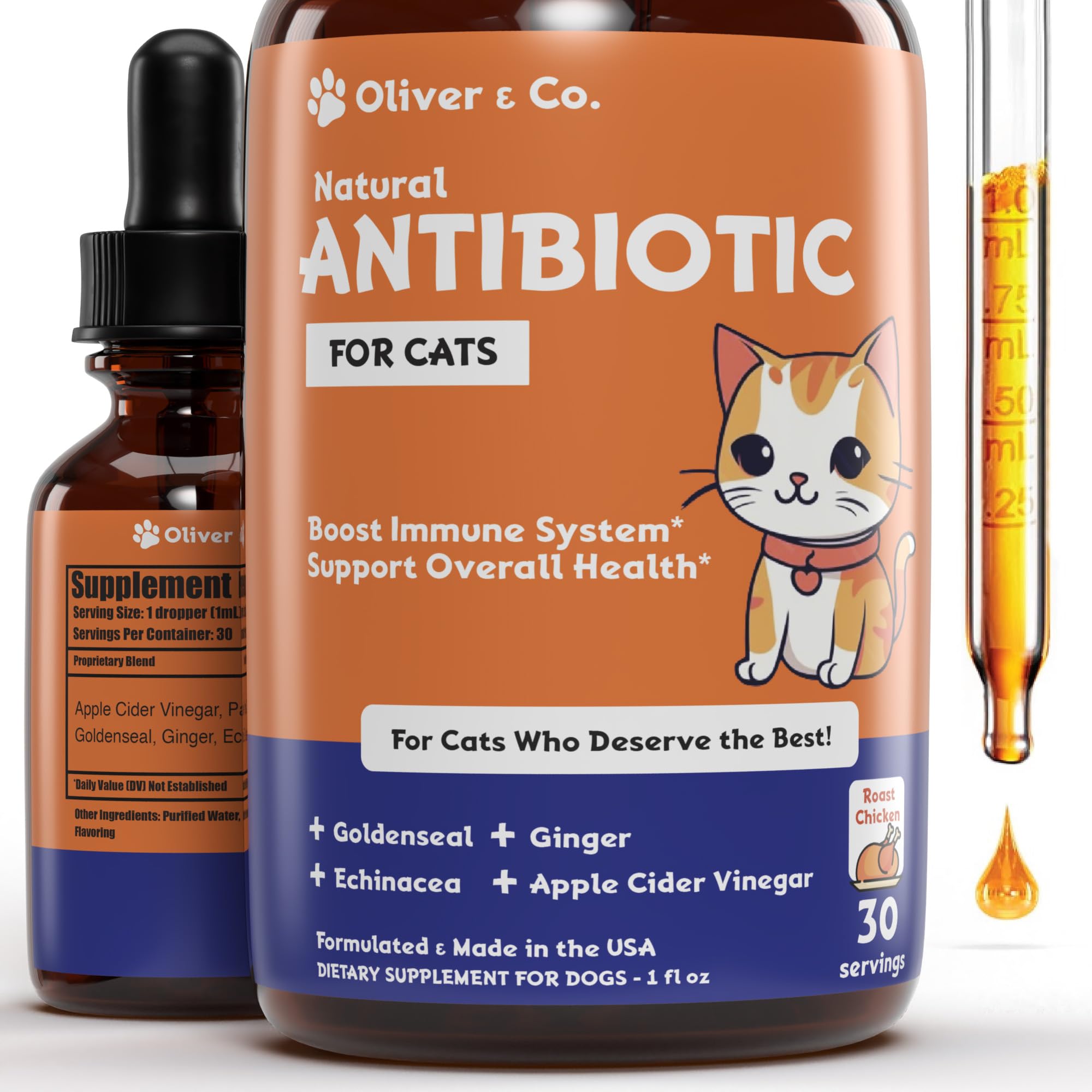 Natural Antibiotics for Cats - Immune Support & UTI Relief - Chicken Flavor (1 fl oz) - Essential Pet Supplement for Daily Health & Wellness