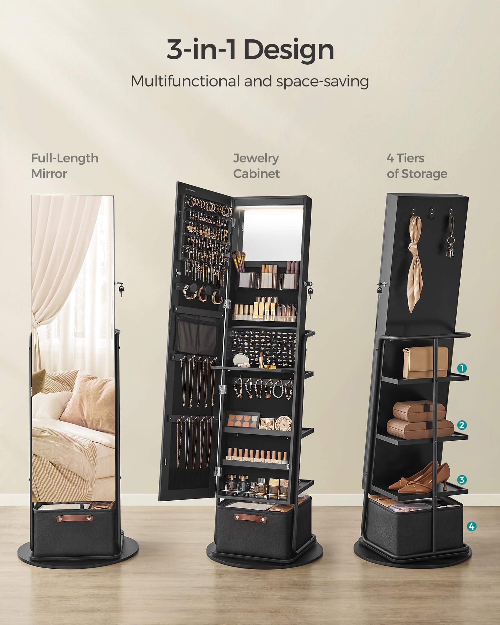 360° Swivel Jewelry Cabinet with LED Lights - Full Length Mirror & Jewelry Storage Organizer, Standing Armoire with Makeup Shelf & Large Storage Basket, Ink Black UJJC018B01 - Perfect for Bedroom, Dressing Room & Closet Organization