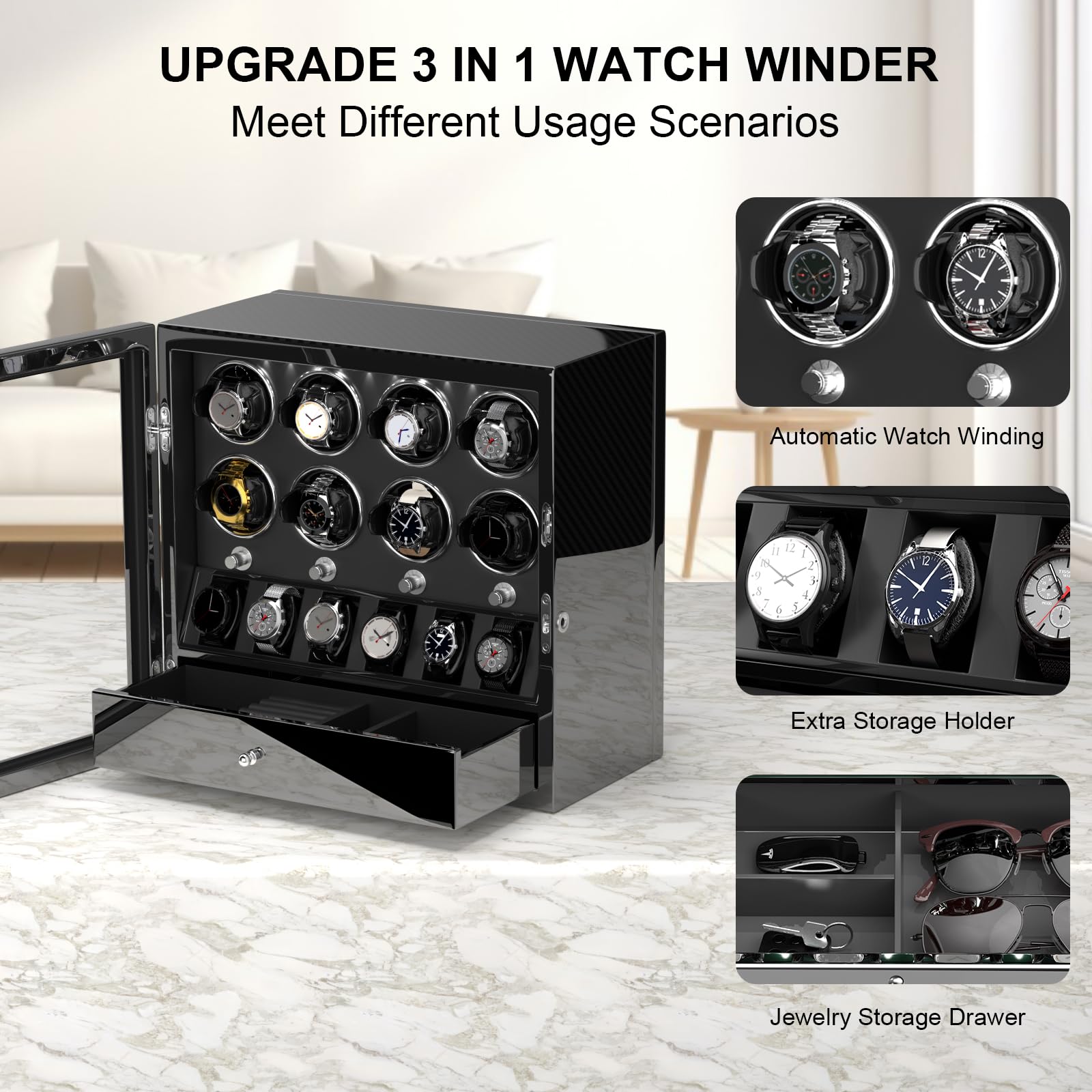 Premium DUKWIN Watch Winder for 2/4/6/8 Automatic Watches - Lockable Luxury Watch Box with Jewelry Storage | Super Quiet Mabuchi Motor, High-Gloss Piano Finish & LED Lighting | Perfect for Watch Collectors, Travel & Home Display