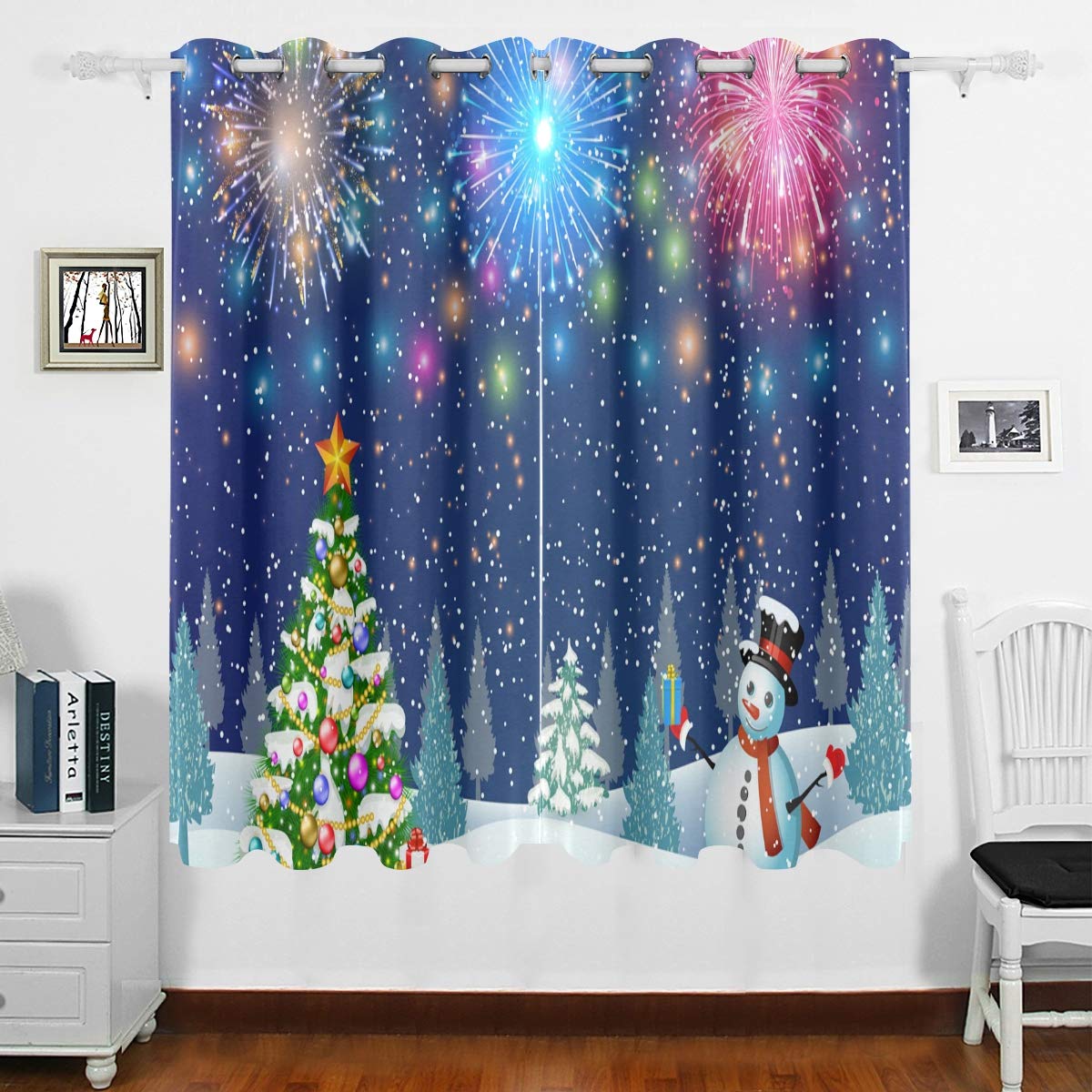 DOMIKING Blackout Curtains for Bedroom - Thermal Insulated Christmas Tree Snowman Design Grommet Drapes (63x55 Inches) - Perfect for Living Room & Bedroom Decor, Light Blocking & Energy Saving