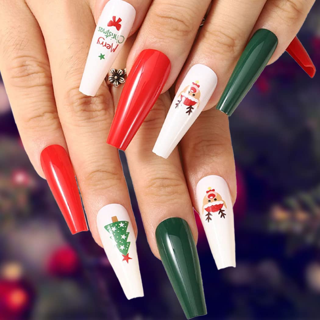 Extra Long Press on Nails - Snowflake Red Christmas Fake Nails with Elk Ballerina Glossy Finish | Full Cover False Nails Santa Claus Acrylic Tips for Women & Girls (30 PCS, Pattern-A) | Perfect for Holiday Parties, Gift Giving & Festive Nail Art