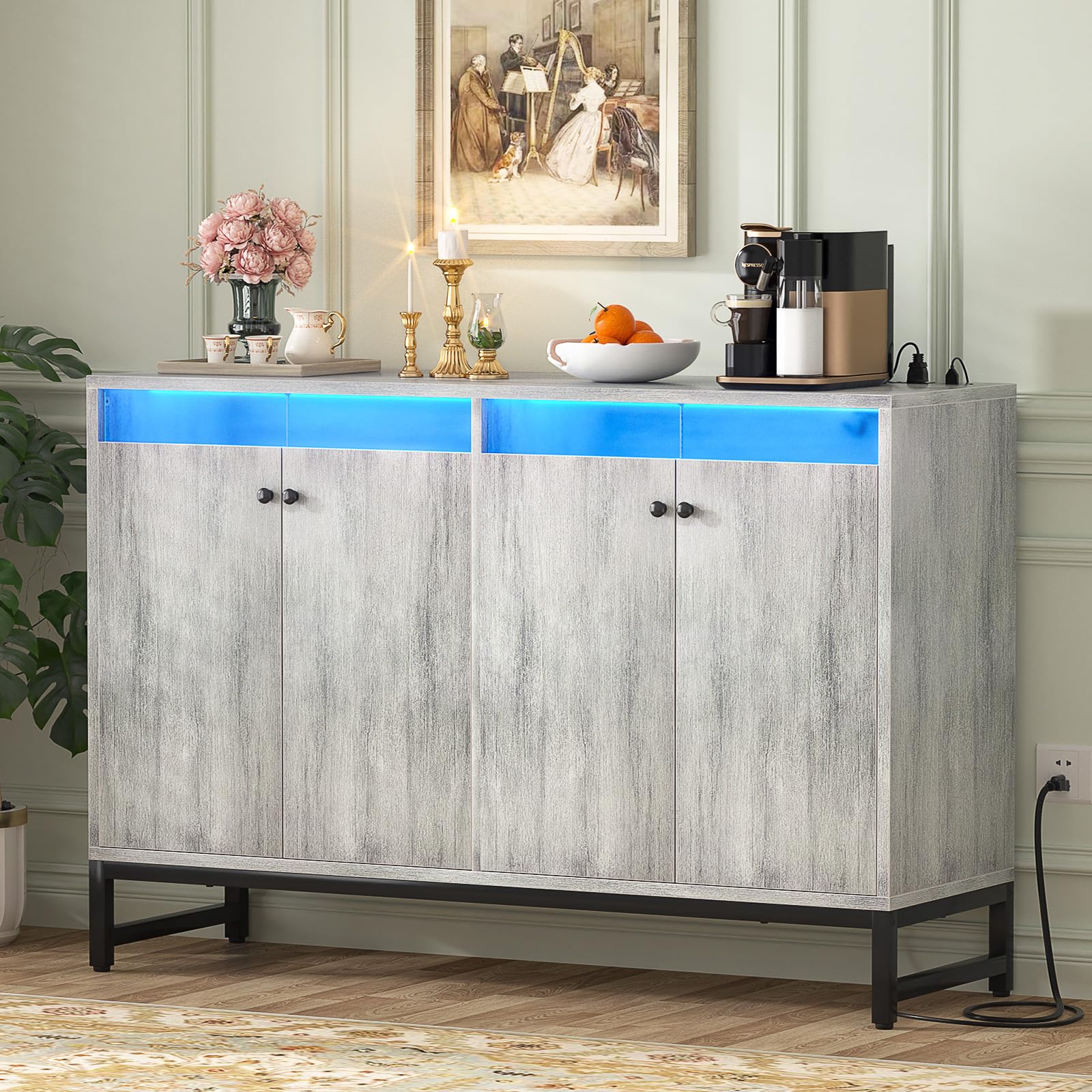 Aheaplus Modern Sideboard Buffet Cabinet with Built-in Power Outlet & LED Lighting - Kitchen Storage Cabinet with Doors - White Oak Accent Cupboard for Dining Room, Living Room, Hallway - Perfect for Entertaining Guests & Stylish Home Organization
