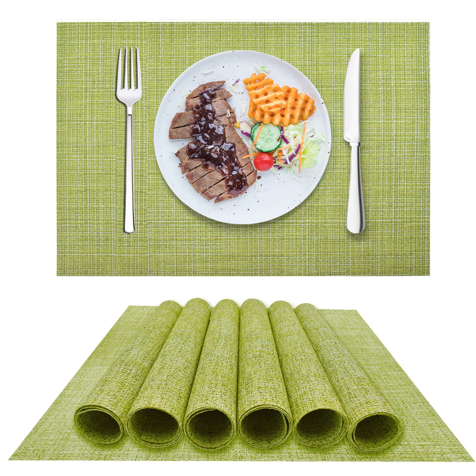 6-Piece Woven Vinyl Placemats Set - Waterproof & Washable for Indoor/Outdoor Use - Durable Table Mats for Dining, Picnics, and Parties (Green)