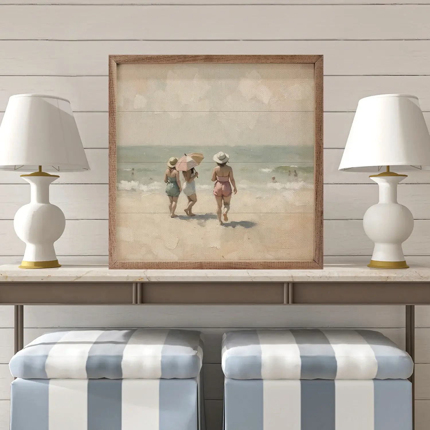 Beach Crowd Wood Framed Print - Coastal Wall Art Decor for Living Room, Bedroom & Office - Perfect Beach House & Vacation Home Decor