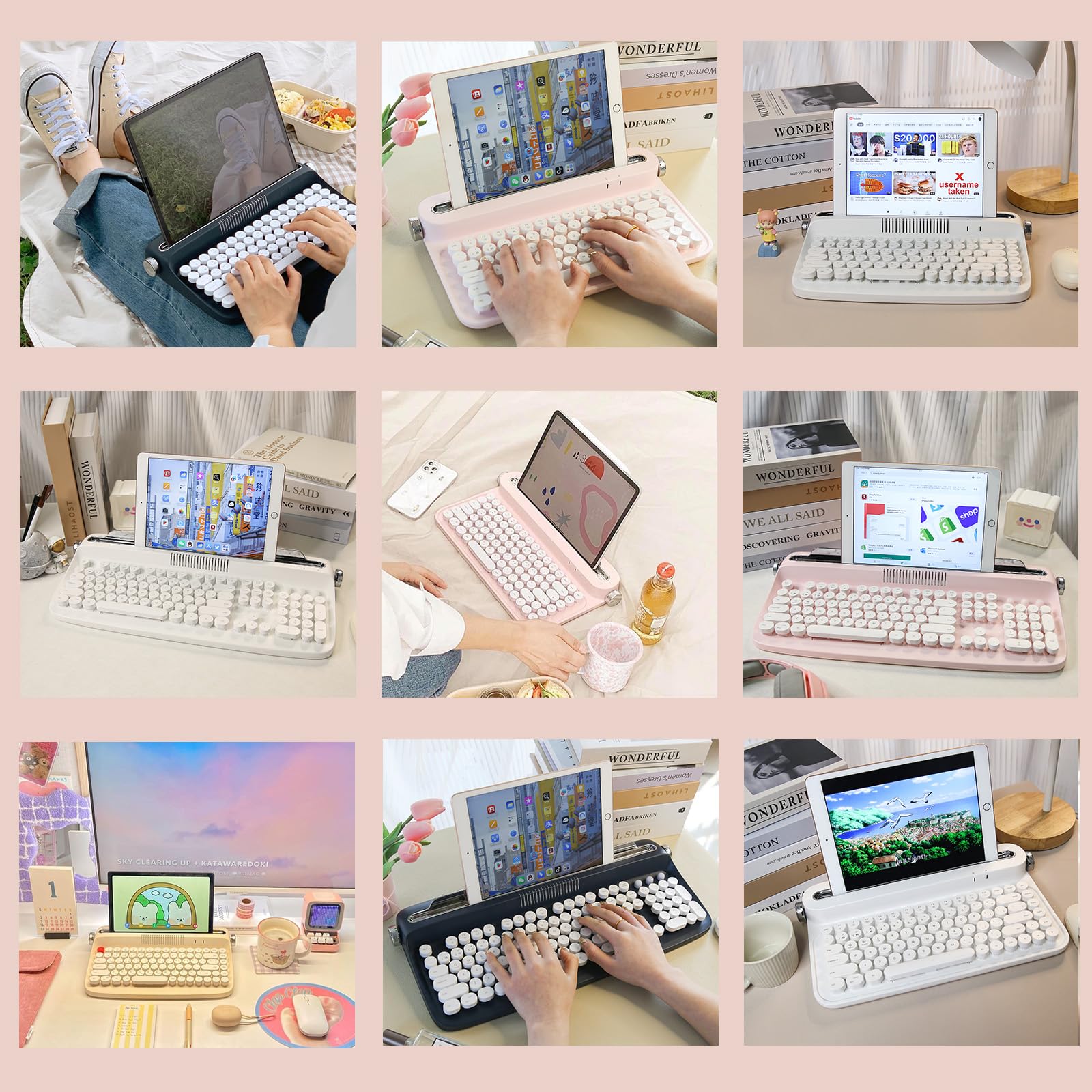 YUNZII ACTTO B303 Wireless Typewriter Keyboard - Bluetooth Mechanical Keyboard with Retro Design, Compatible with Tablet/Phone/PC (Windows/Mac/Android), Includes Stand - Baby Pink | Perfect for Typing, Office Work & Creative Writing