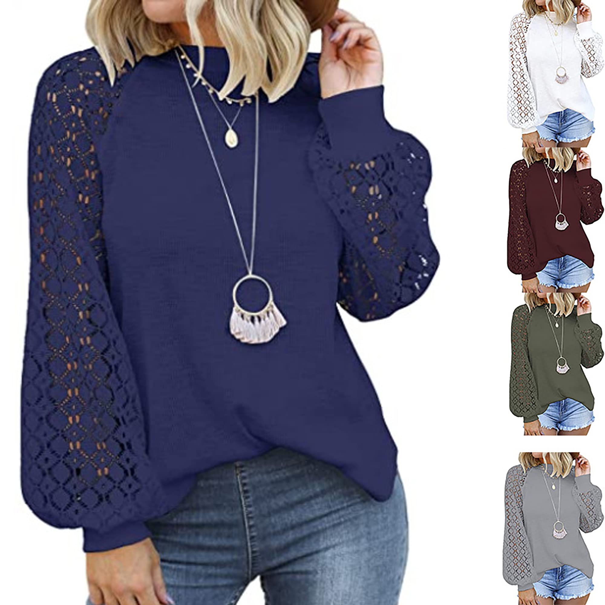 Women's Lace Crew Neck Long Sleeve T-Shirt - Casual Loose Blouse Top for Everyday Wear, Work & Date Nights