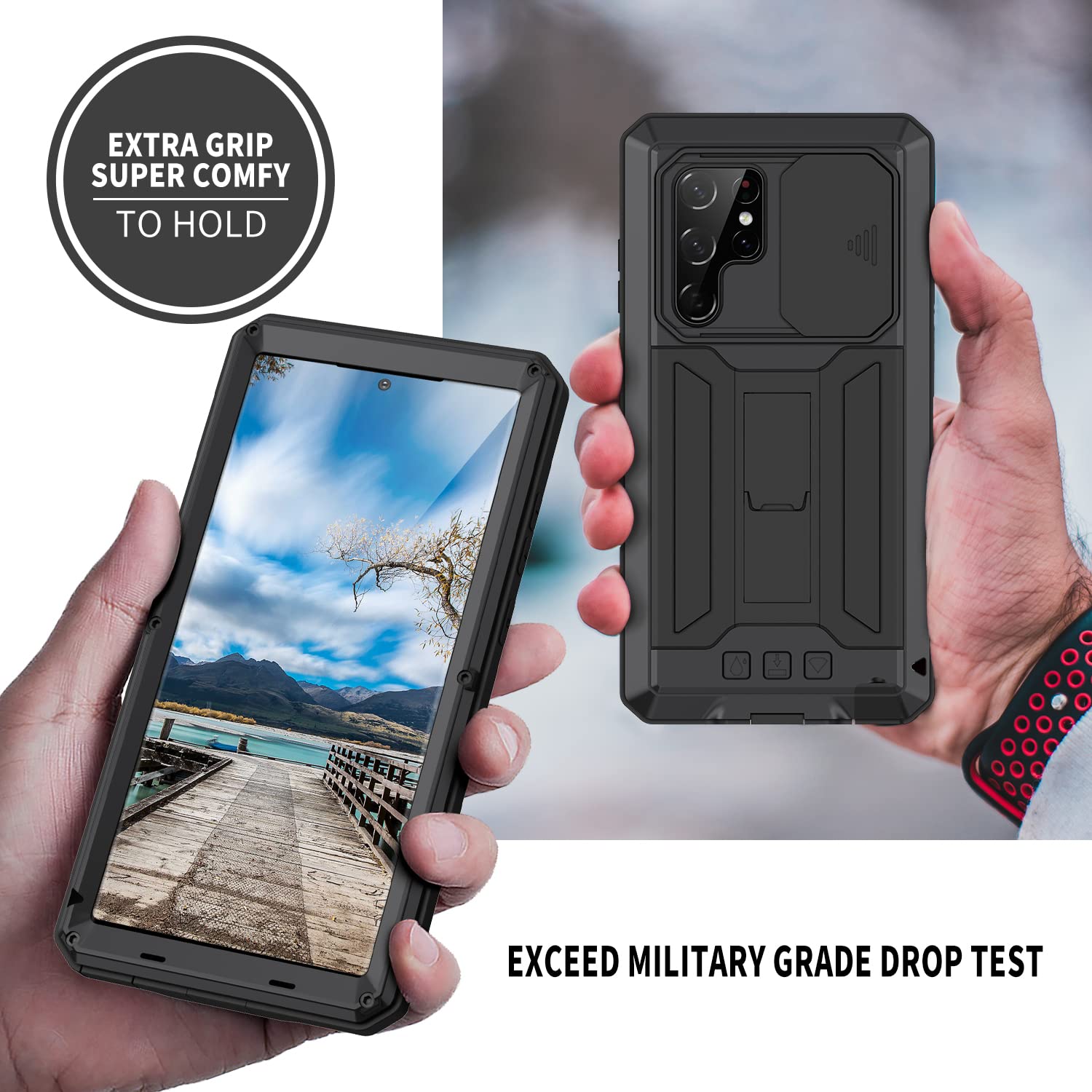 Samsung Galaxy S22 Ultra Case with Screen & Camera Protector - Rugged Military-Grade Heavy Duty Phone Cover with Kickstand, Slide Camera Cover for Outdoor & Adventure Use (Black)