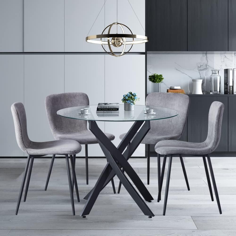 Round Tempered Glass 5-Piece Modern Dining Table Set with 4 Chairs - Grey Kitchen Table for Small Spaces, Breakfast Nook, Apartment Dining Room & Contemporary Home Decor
