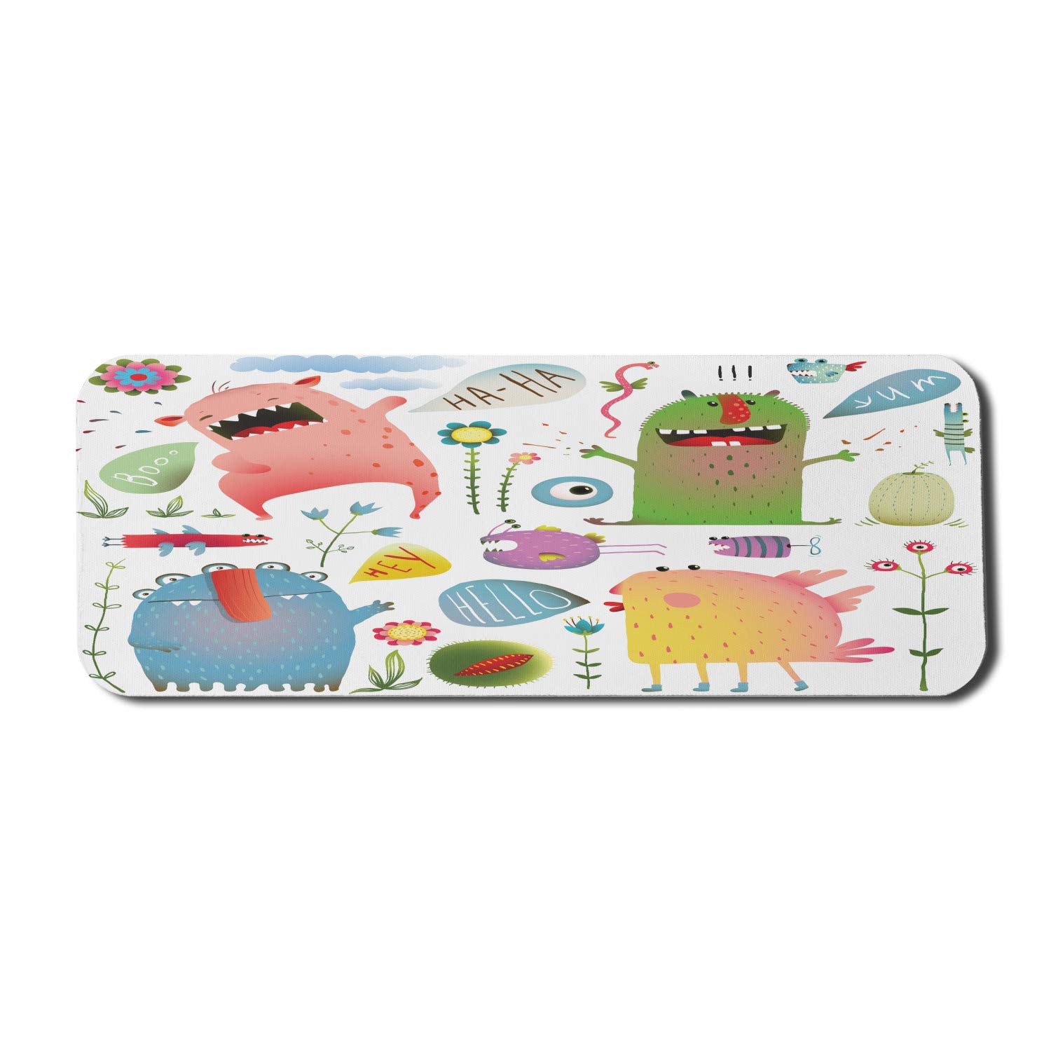Ambesonne Funny Computer Mouse Pad - Colorful Cartoon Art with Imaginary Creatures, Laughing Monsters & Flowers - Non-Slip Rubber Gaming Mousepad (31x12 Inches, Green & Blue) - Perfect for Office, Gaming & Home Workspace