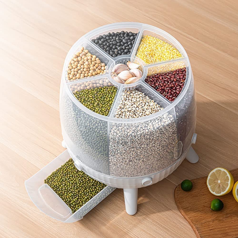 KouRy Automatic Rotating Rice Dispenser - 5L White Cereal Storage Container for Kitchen, Pantry Organization & Dry Food Dispensing - Perfect for Grains, Rice, Cereal, Pasta, Pet Food & More