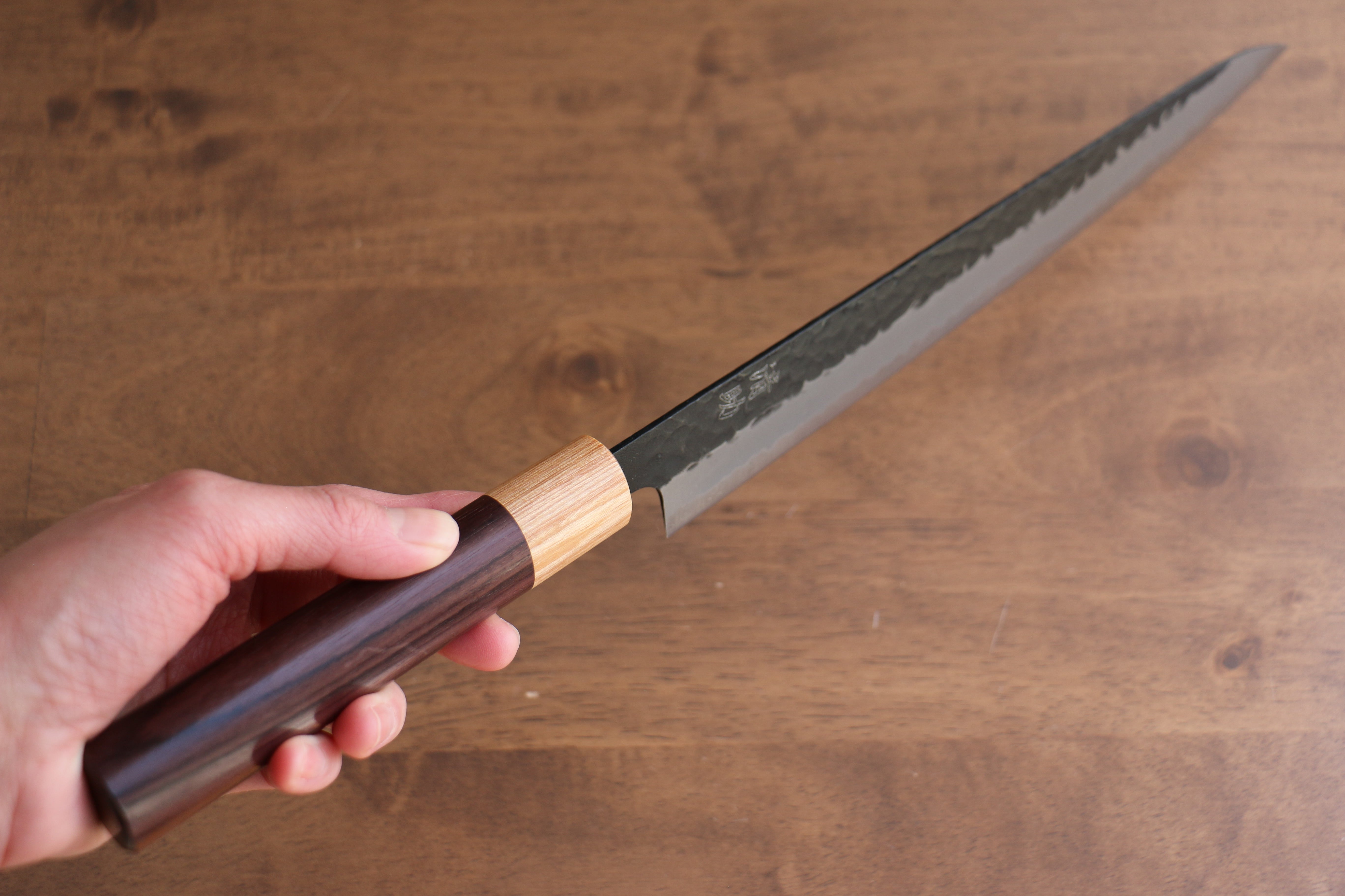 Premium Seisuke Kokubyaku Blue Super Hammered Kurouchi Sujihiki Knife 240mm - Japanese High Carbon Steel Chef's Knife with Exquisite Shitan Handle - Perfect for Slicing Sashimi, Meat & Vegetables