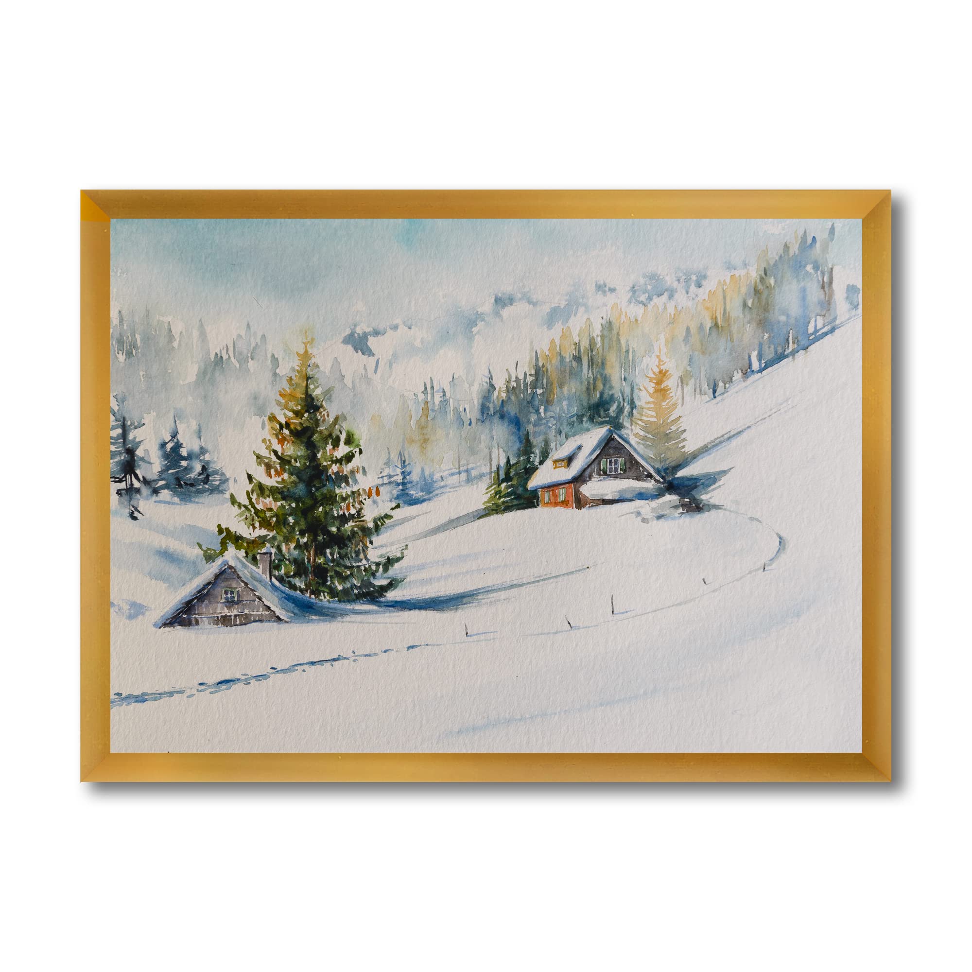 DesignQ Little House in the Winter Mountains Framed Wall Art - Traditional Landscape Painting for Living Room, Bedroom & Office Decor