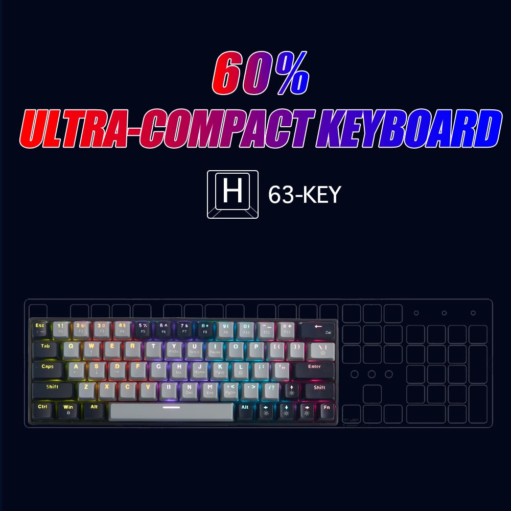 Abucow 60% Wired Mechanical Gaming Keyboard - RGB Backlit, 63 Swappable Keycaps (Gray-Black) for PC, Mac, PS4 - Perfect for Esports, Typing & Office Work